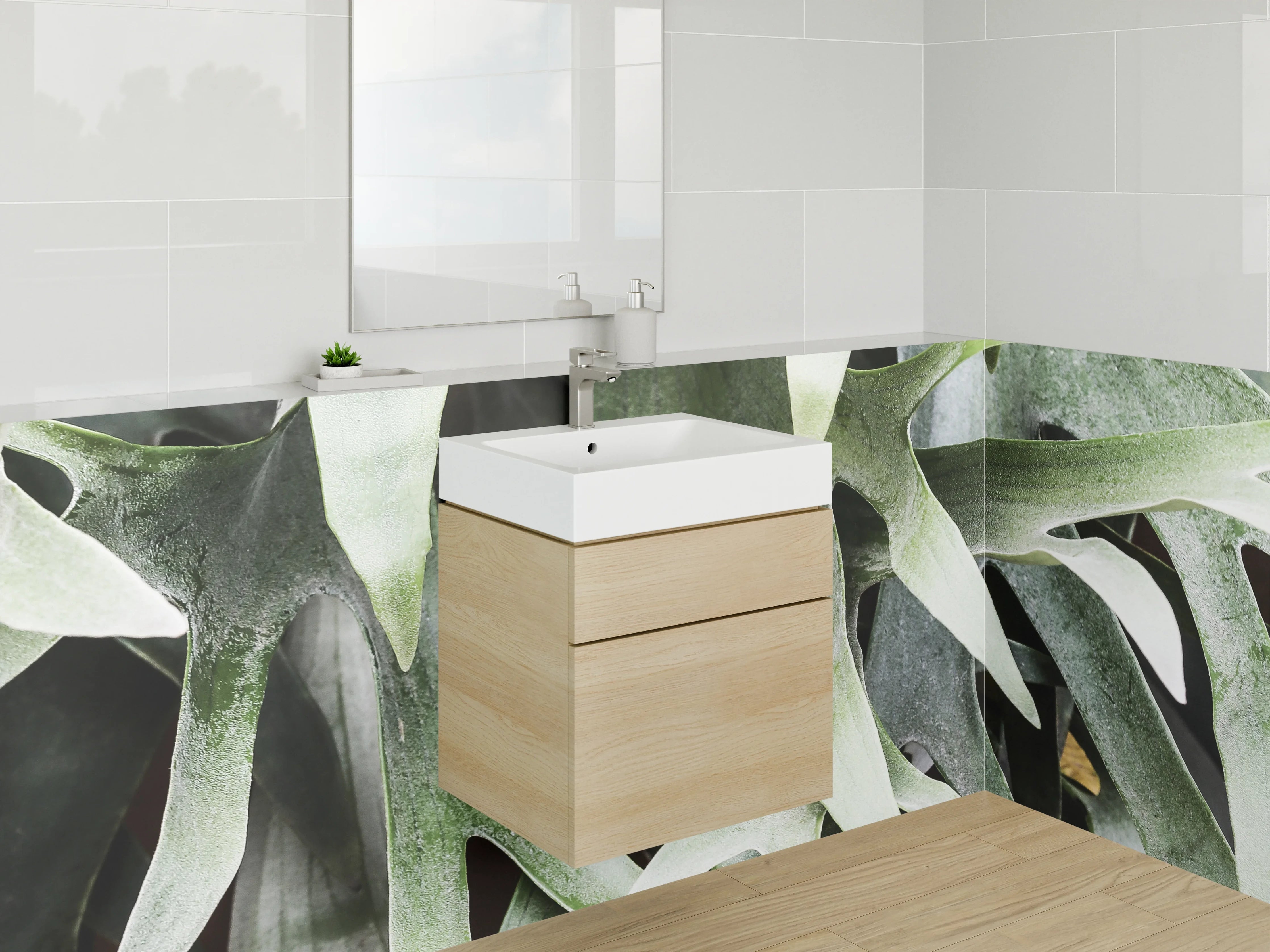 Waschbecken-Rückwand - Stilvolle Pflanzenkunst in Grau & Weiß