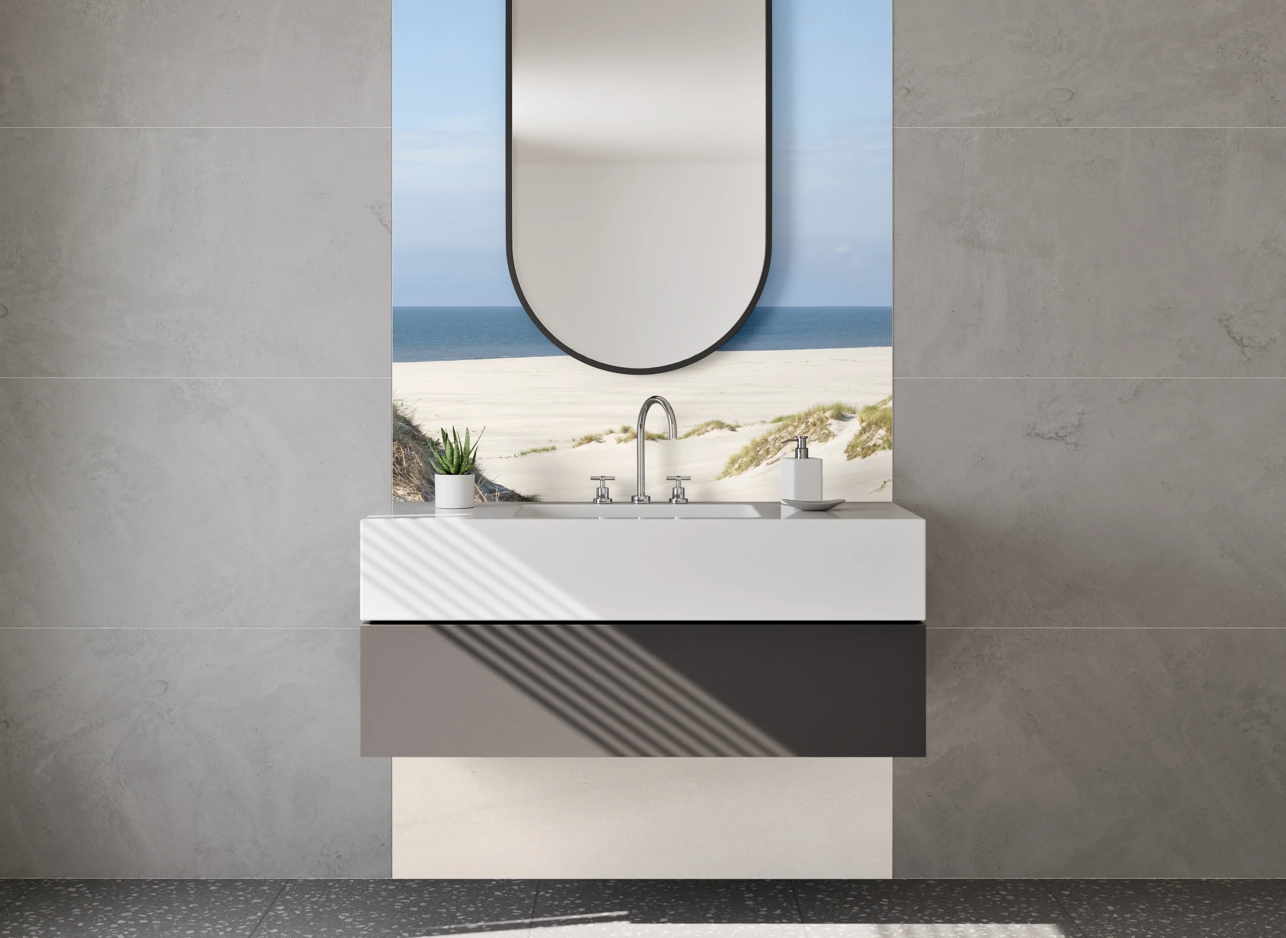 Waschbecken-Rückwand - Strand mit Dünen und Meerblick