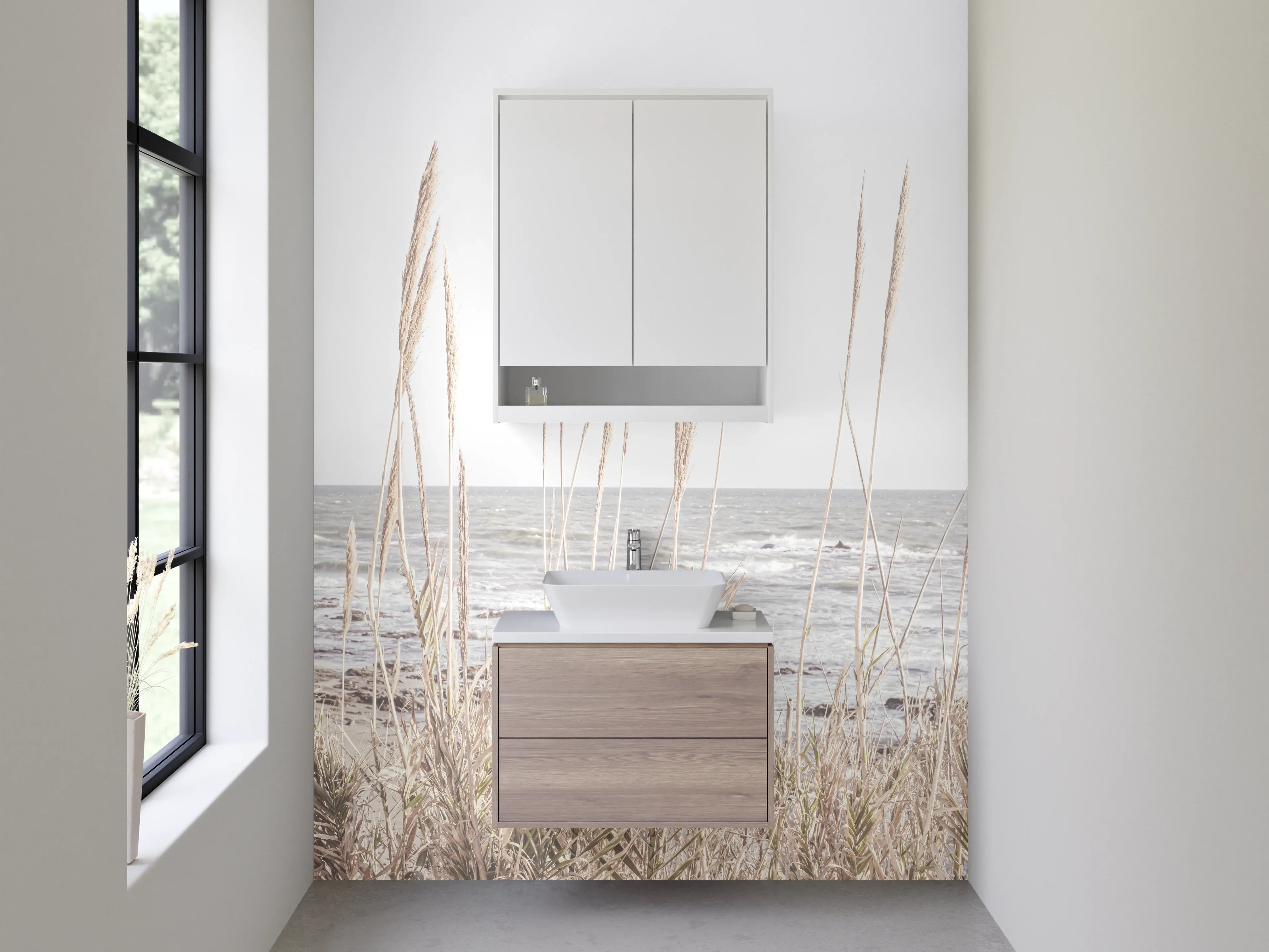 Waschbecken-Rückwand - Strand mit Gräsern und Wellen