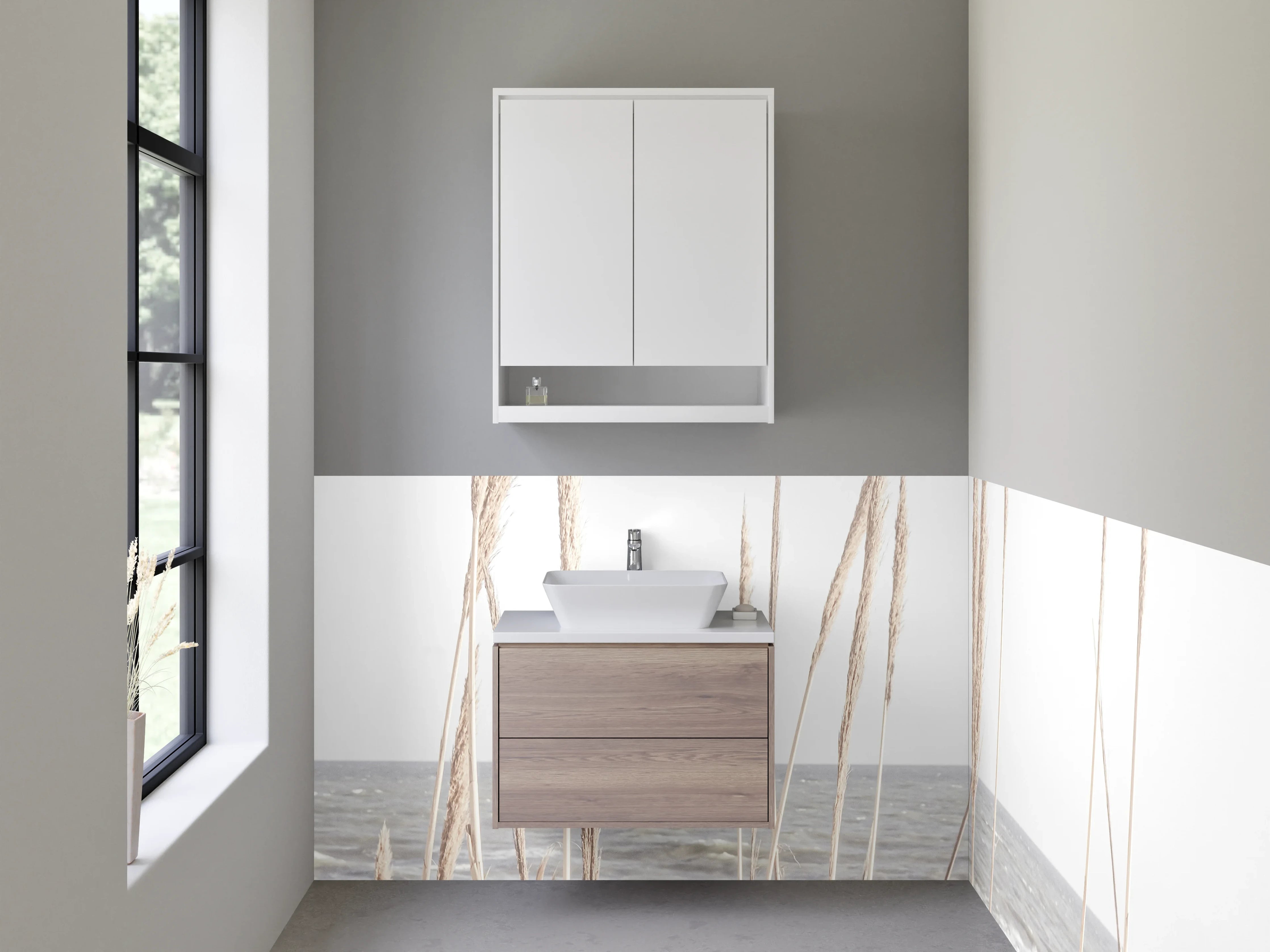 Waschbecken-Rückwand - Strand mit Gräsern und Wellen