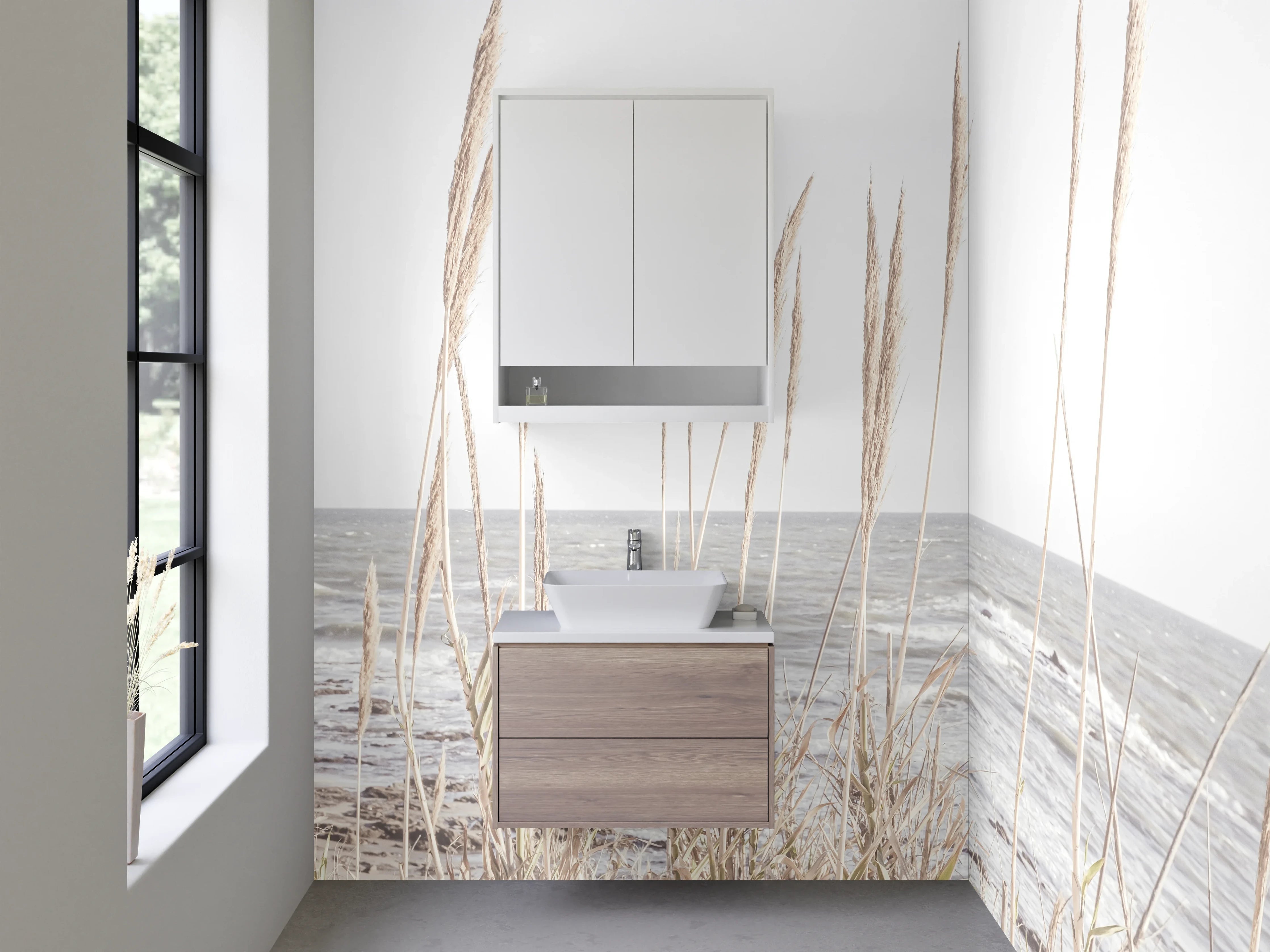 Waschbecken-Rückwand - Strand mit Gräsern und Wellen