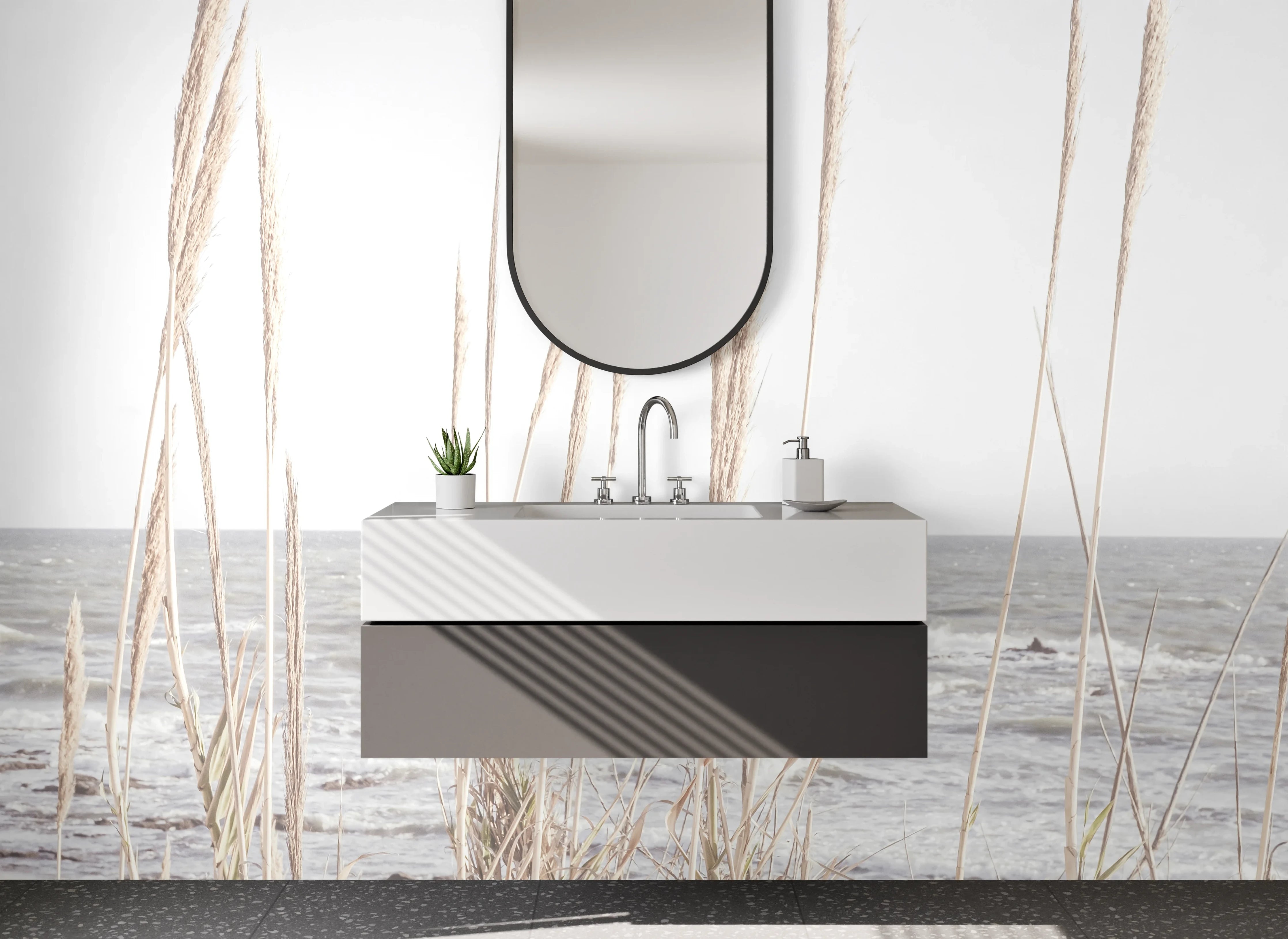 Waschbecken-Rückwand - Strand mit Gräsern und Wellen