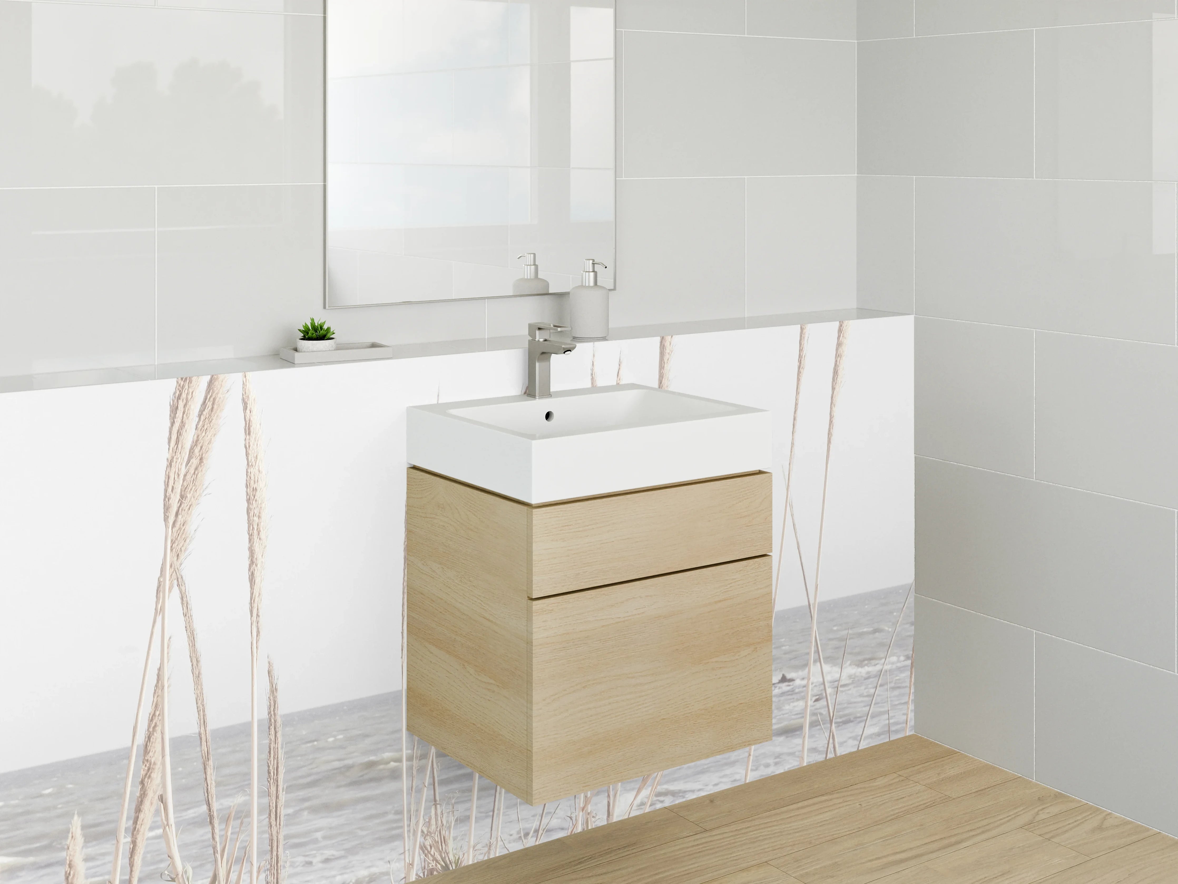 Waschbecken-Rückwand - Strand mit Gräsern und Wellen