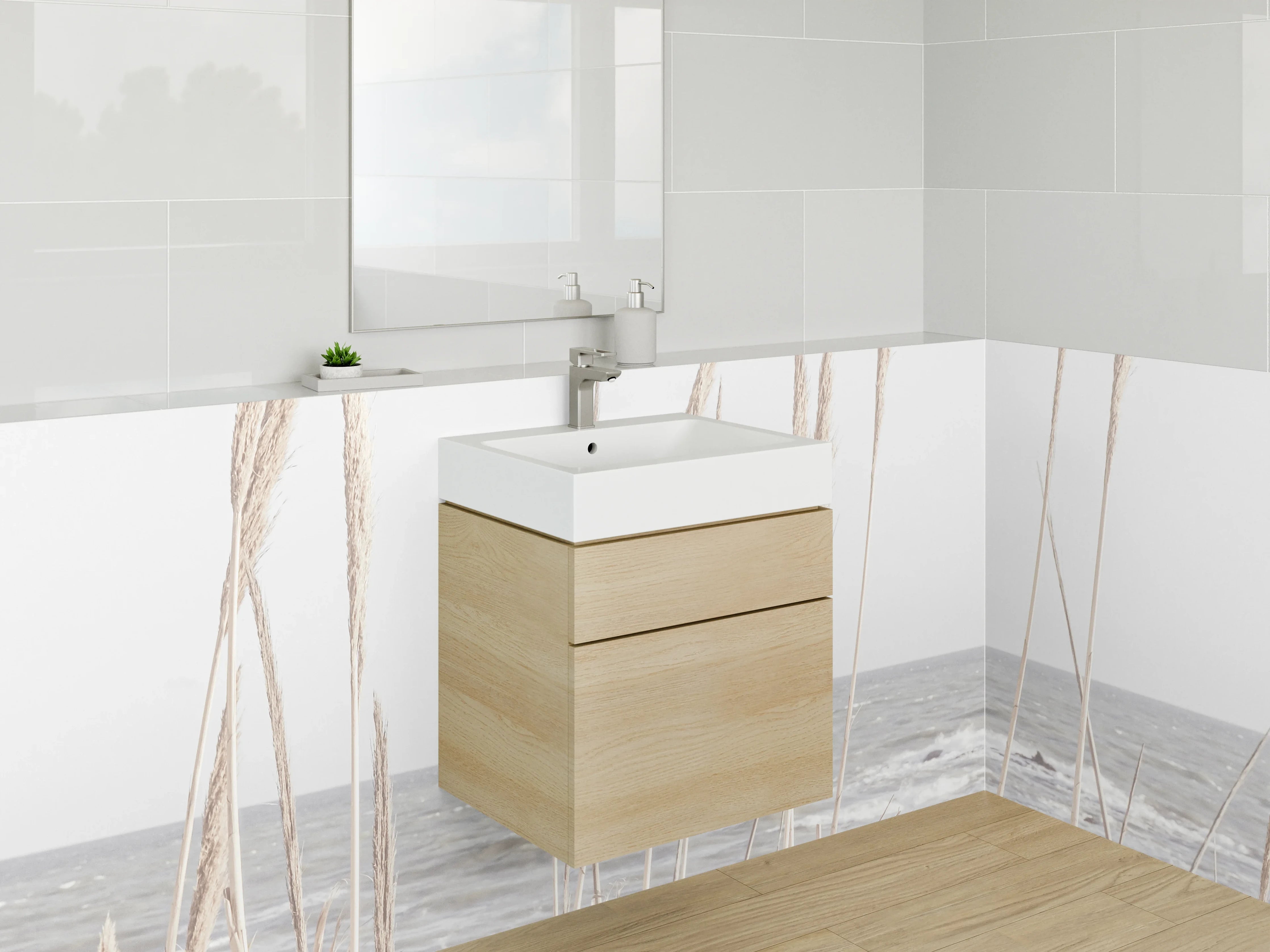 Waschbecken-Rückwand - Strand mit Gräsern und Wellen