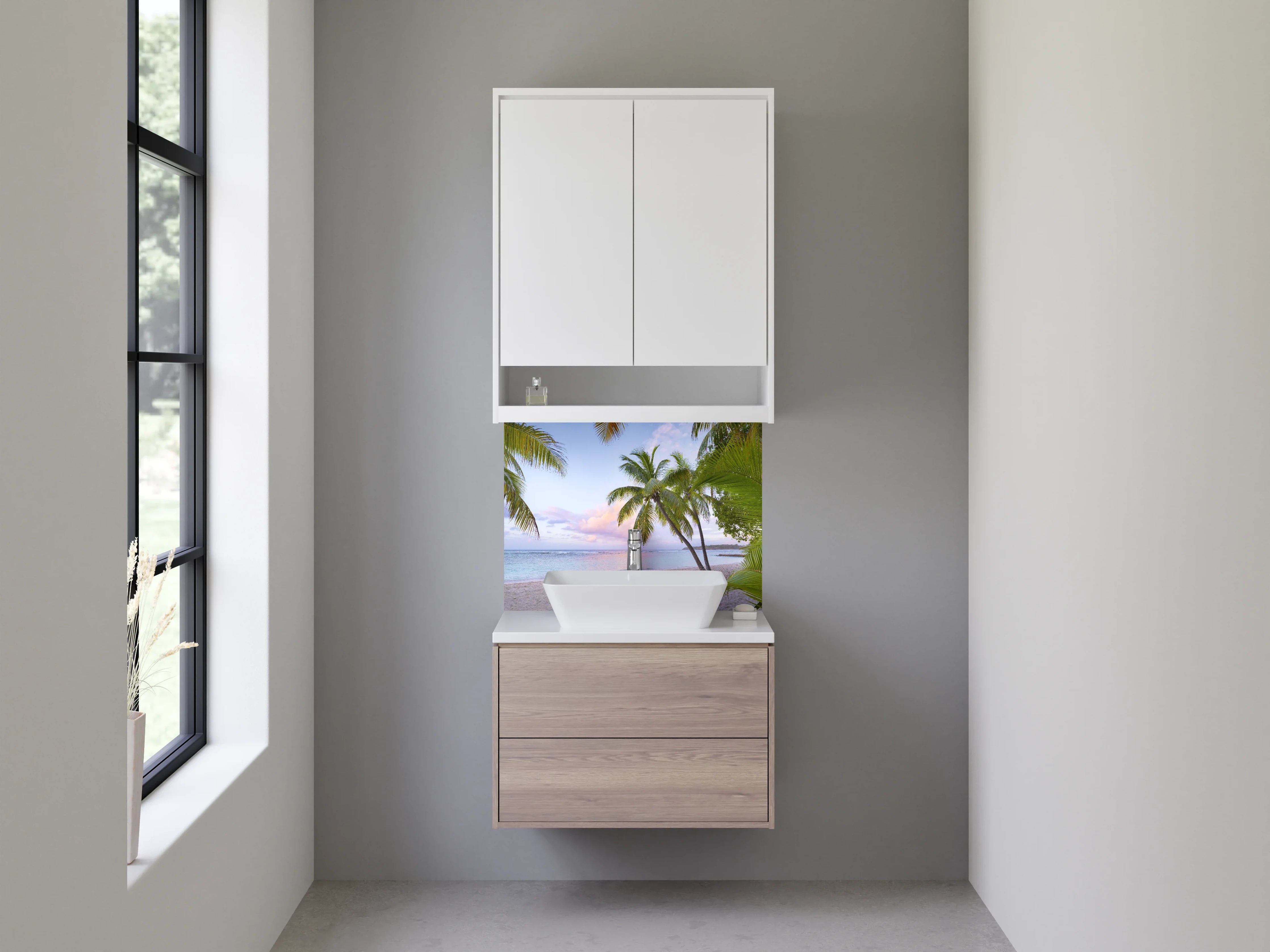 Waschbecken-Rückwand - Strand mit Palmen bei Sonnenaufgang