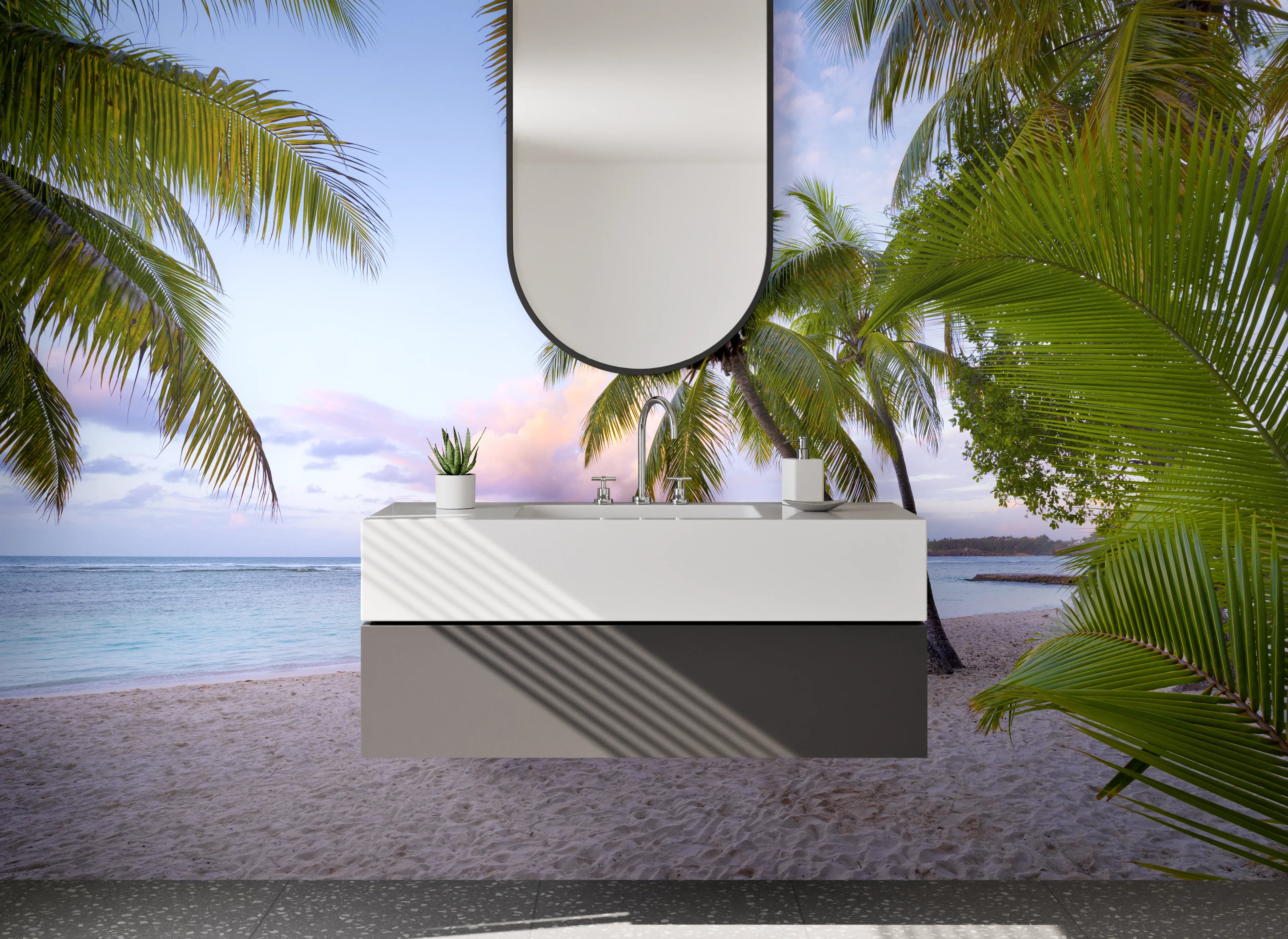 Waschbecken-Rückwand - Strand mit Palmen bei Sonnenaufgang