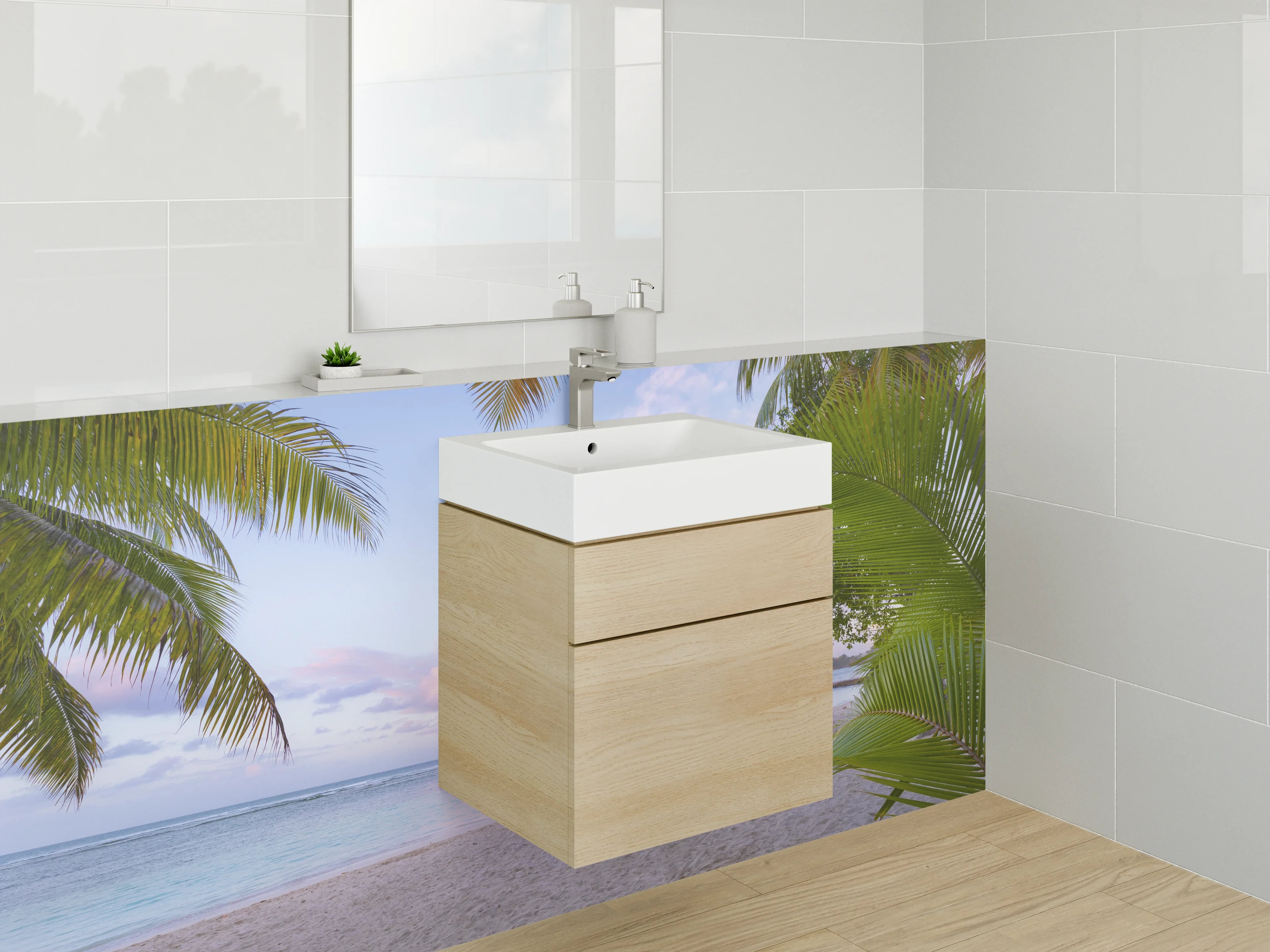 Waschbecken-Rückwand - Strand mit Palmen bei Sonnenaufgang