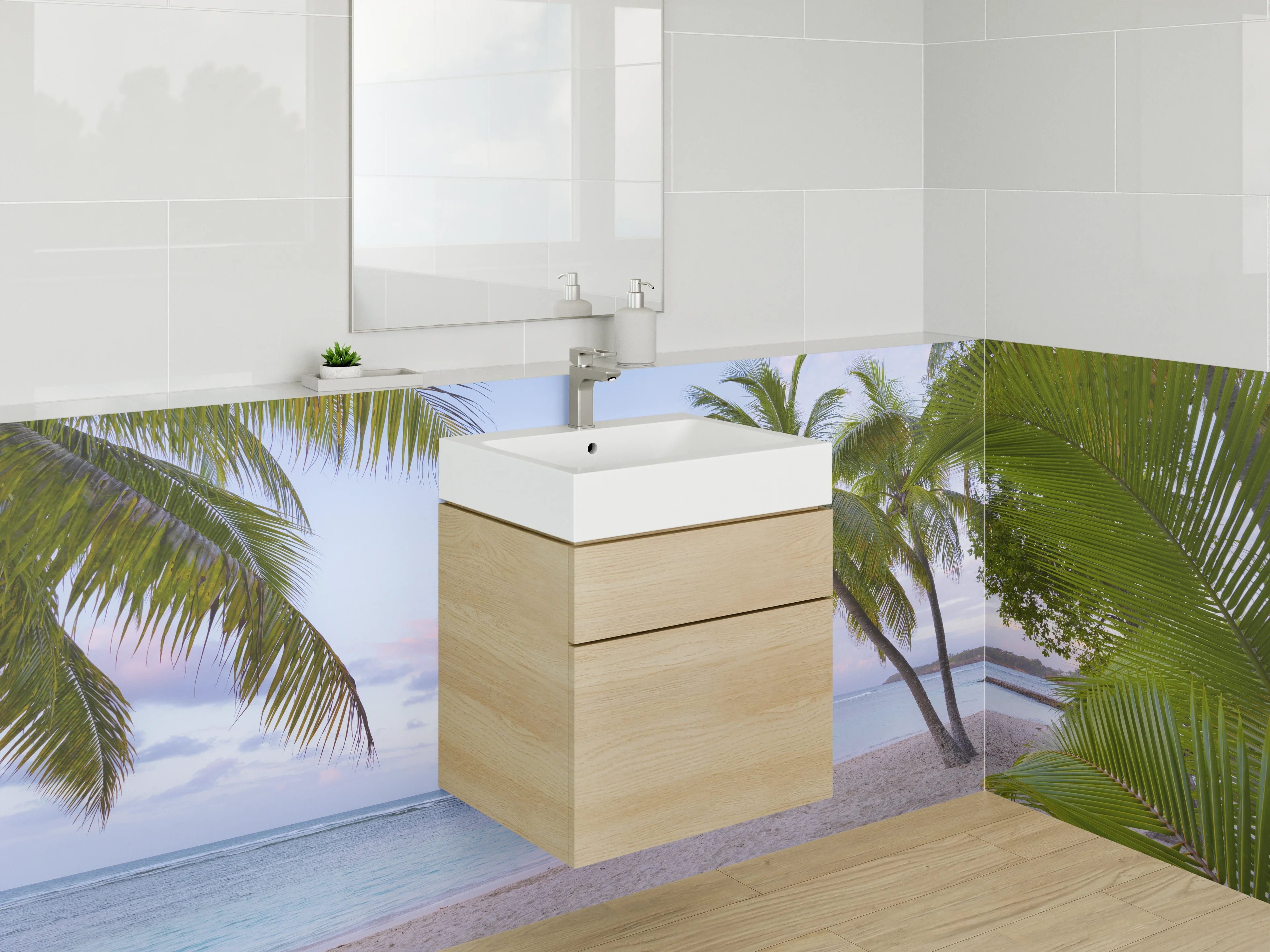 Waschbecken-Rückwand - Strand mit Palmen bei Sonnenaufgang