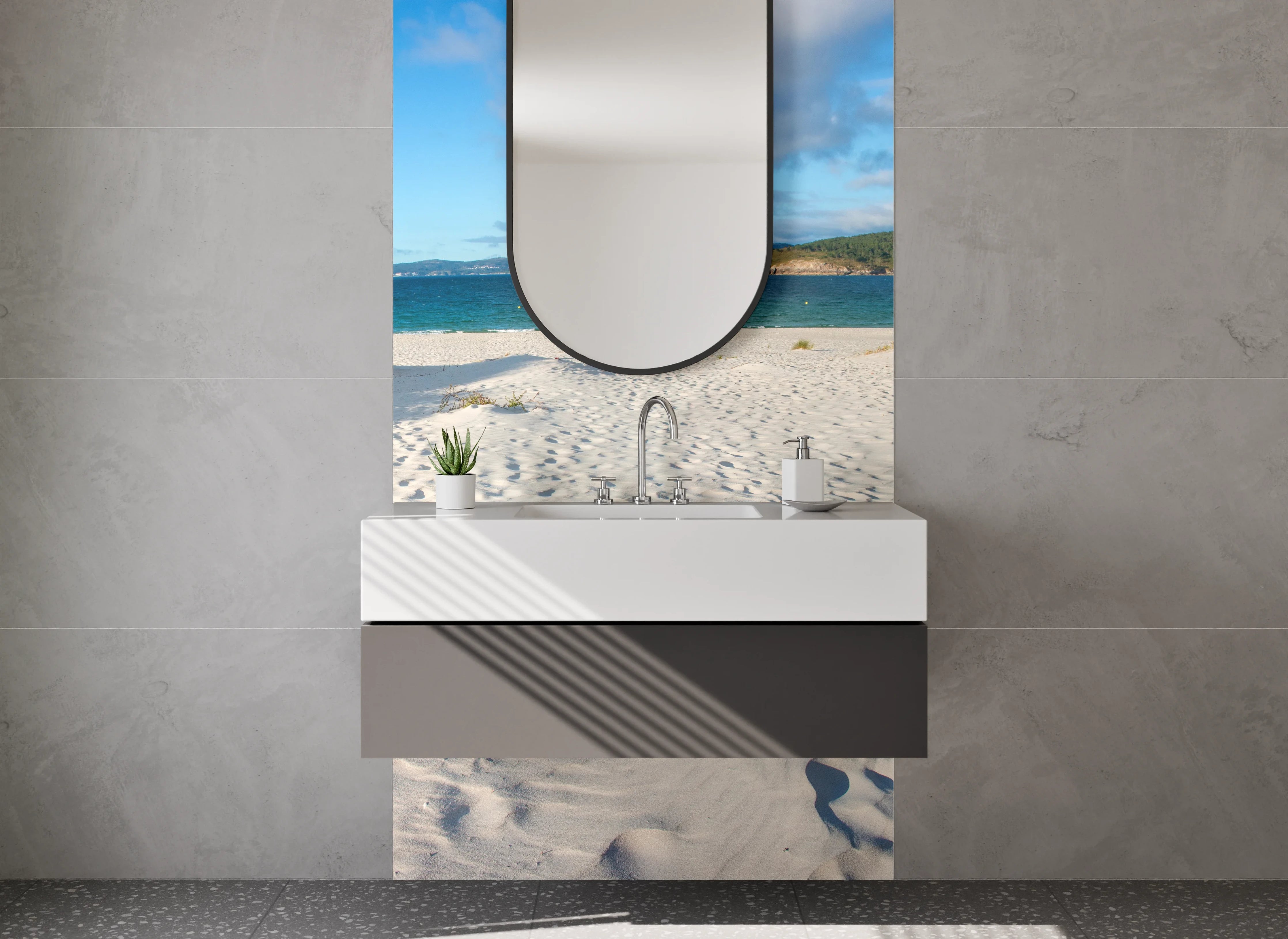 Waschbecken-Rückwand - Strand mit Sanddünen und Meerblick