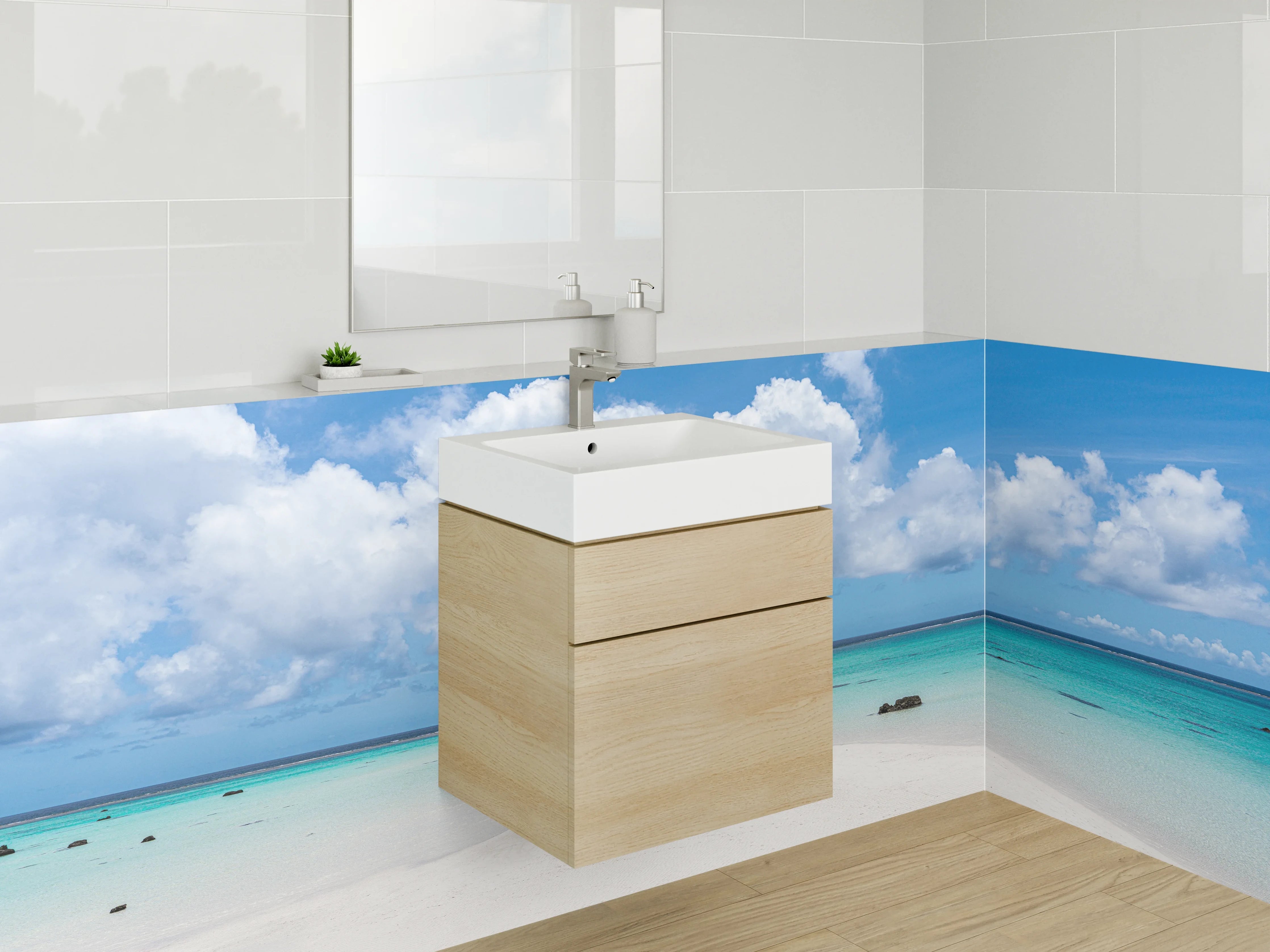 Waschbecken-Rückwand - Strand mit weißen Sand und blauen Himmel