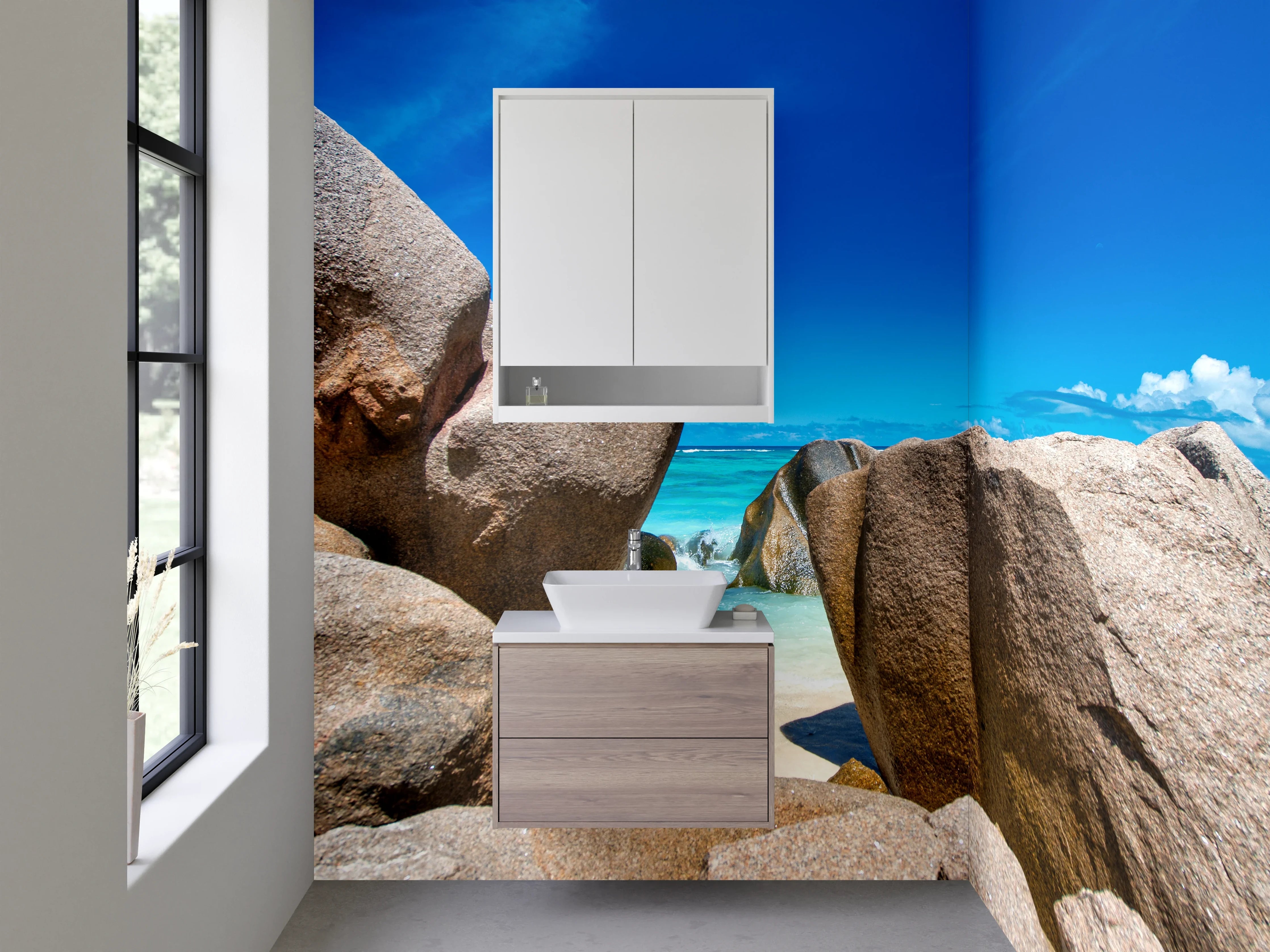 Waschbecken-Rückwand - Strand und Granitfelsen – Naturmotiv