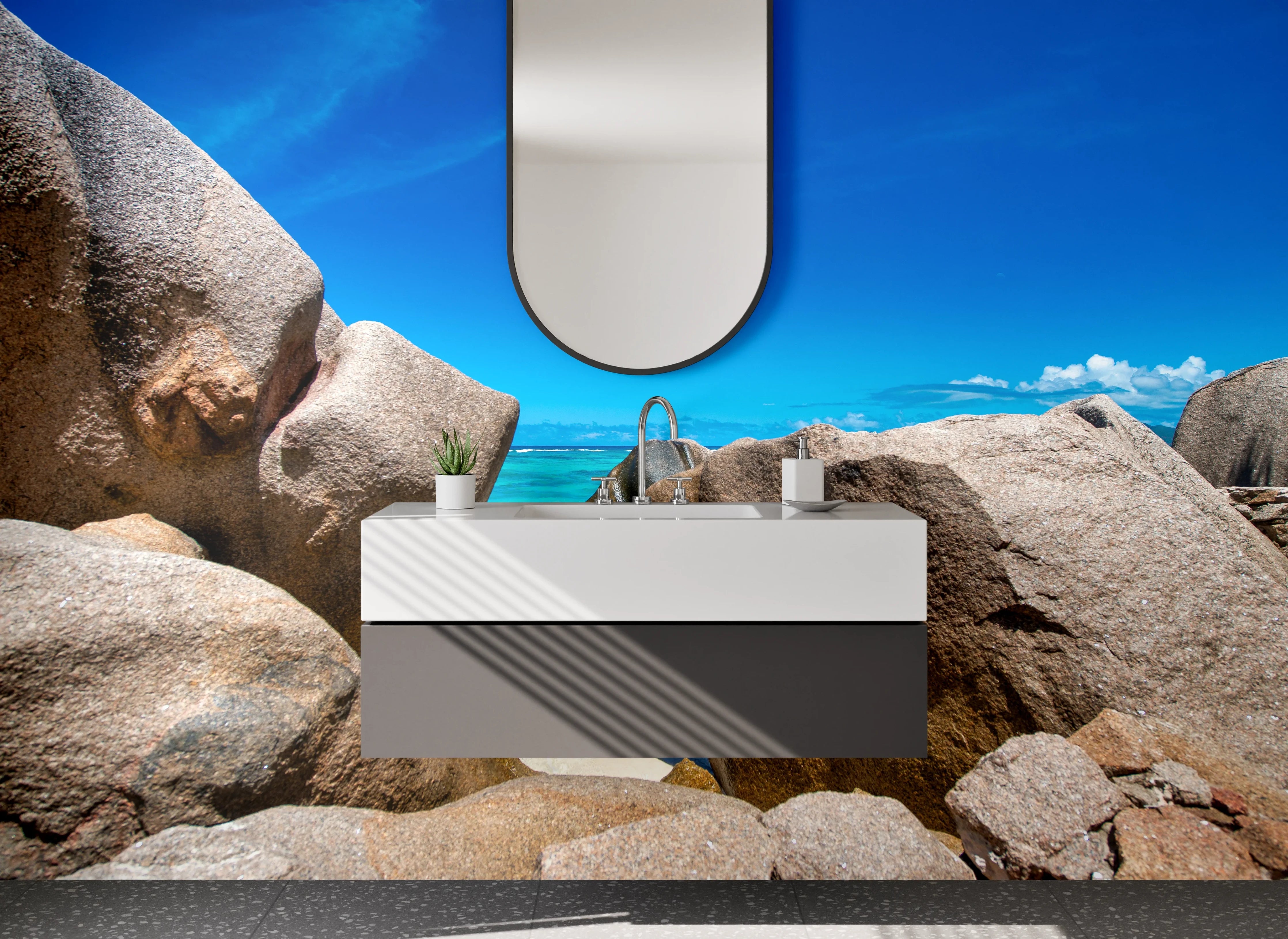 Waschbecken-Rückwand - Strand und Granitfelsen – Naturmotiv