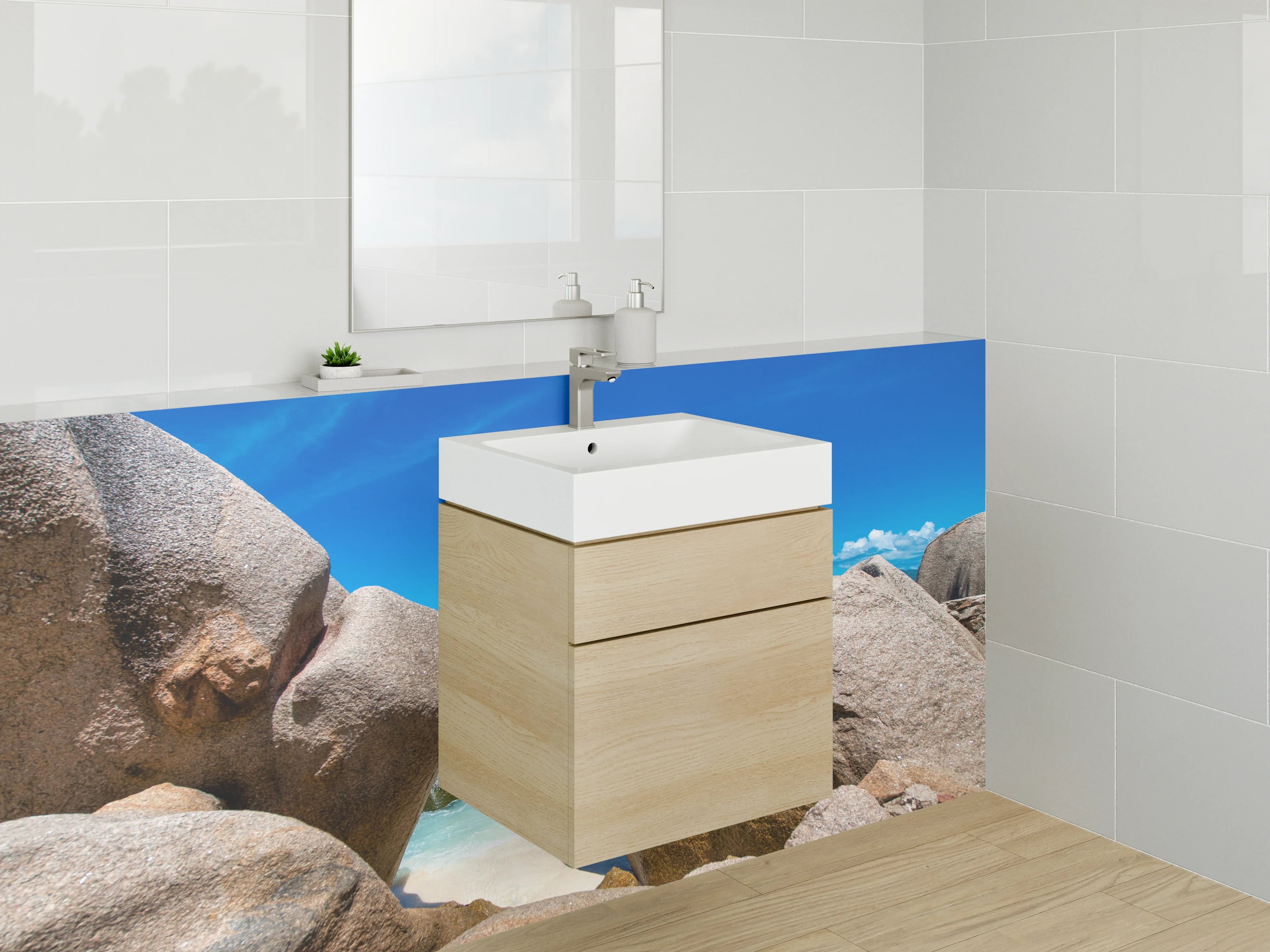 Waschbecken-Rückwand - Strand und Granitfelsen – Naturmotiv