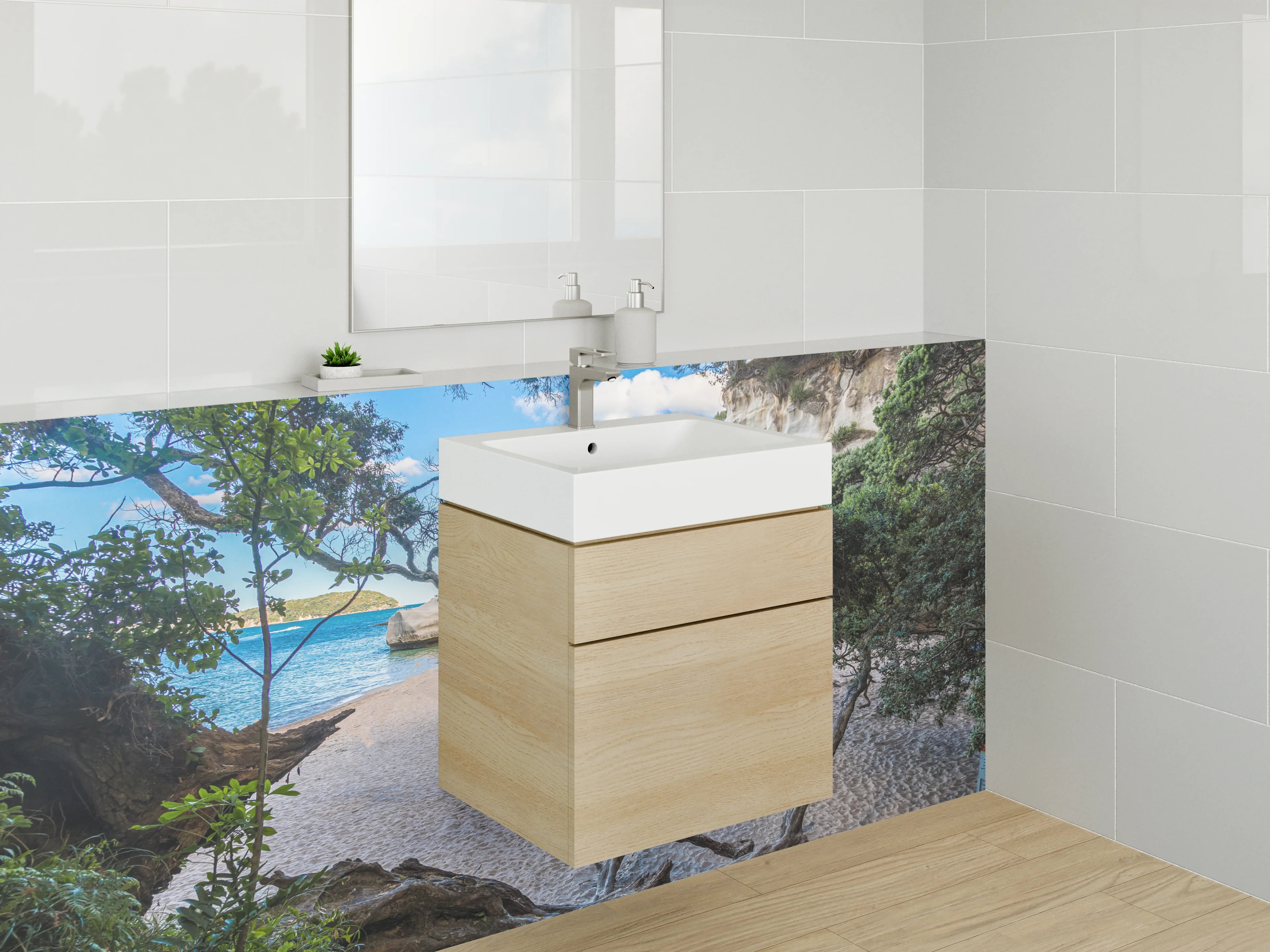 Waschbecken-Rückwand - Strandbucht mit Felsen und Bäumen