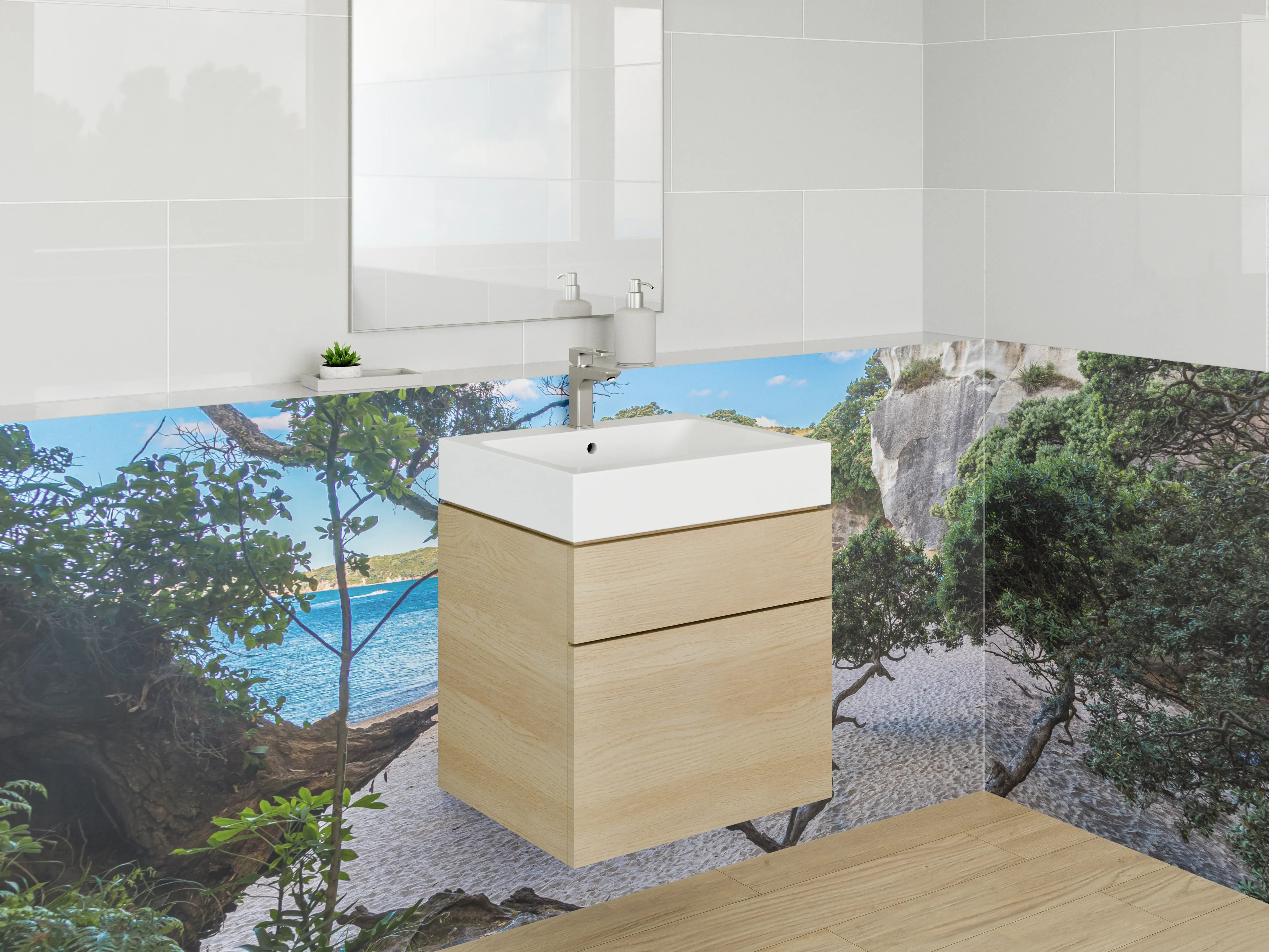 Waschbecken-Rückwand - Strandbucht mit Felsen und Bäumen
