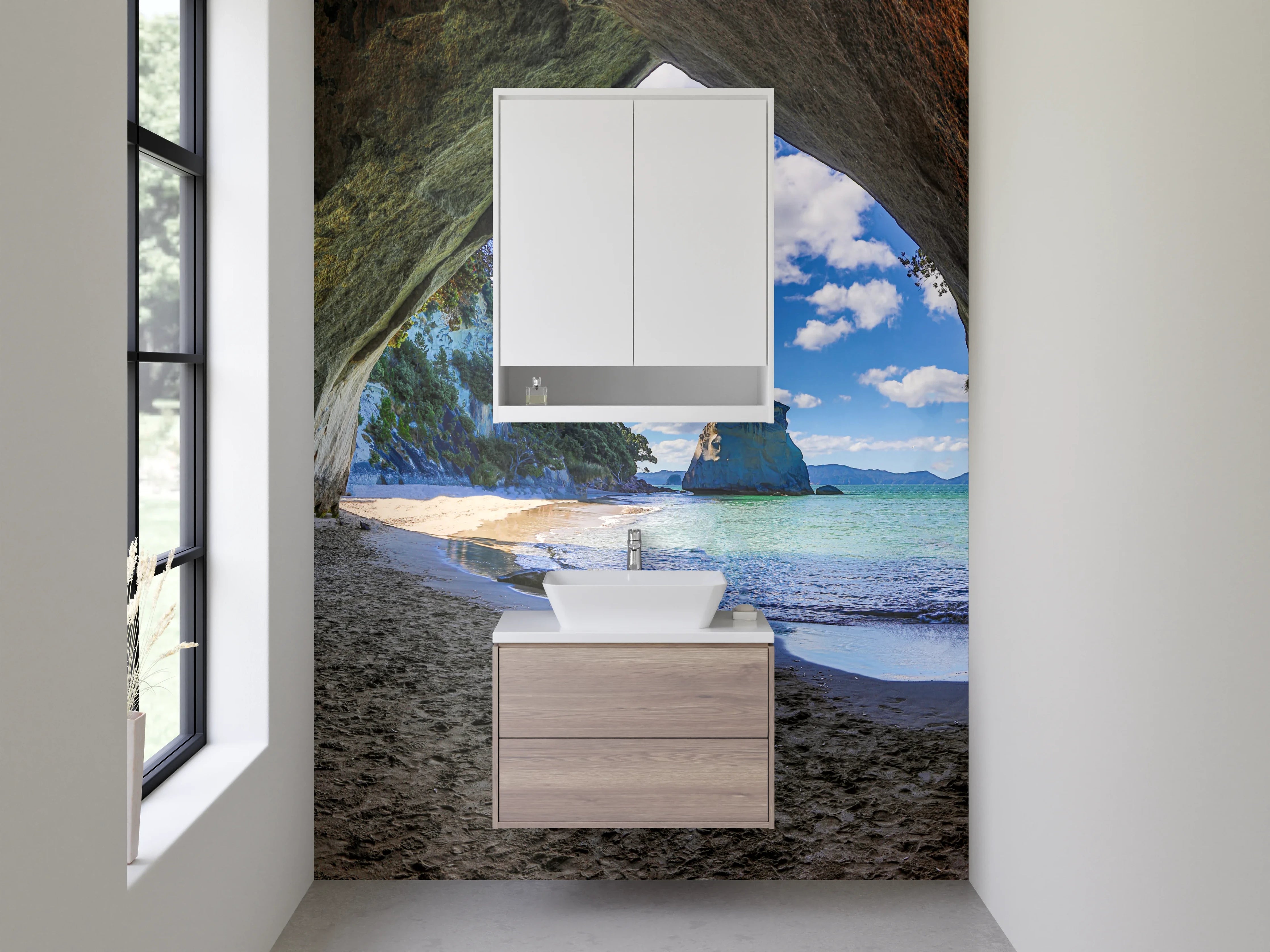 Waschbecken-Rückwand - Strandhöhle mit Blick aufs Meer