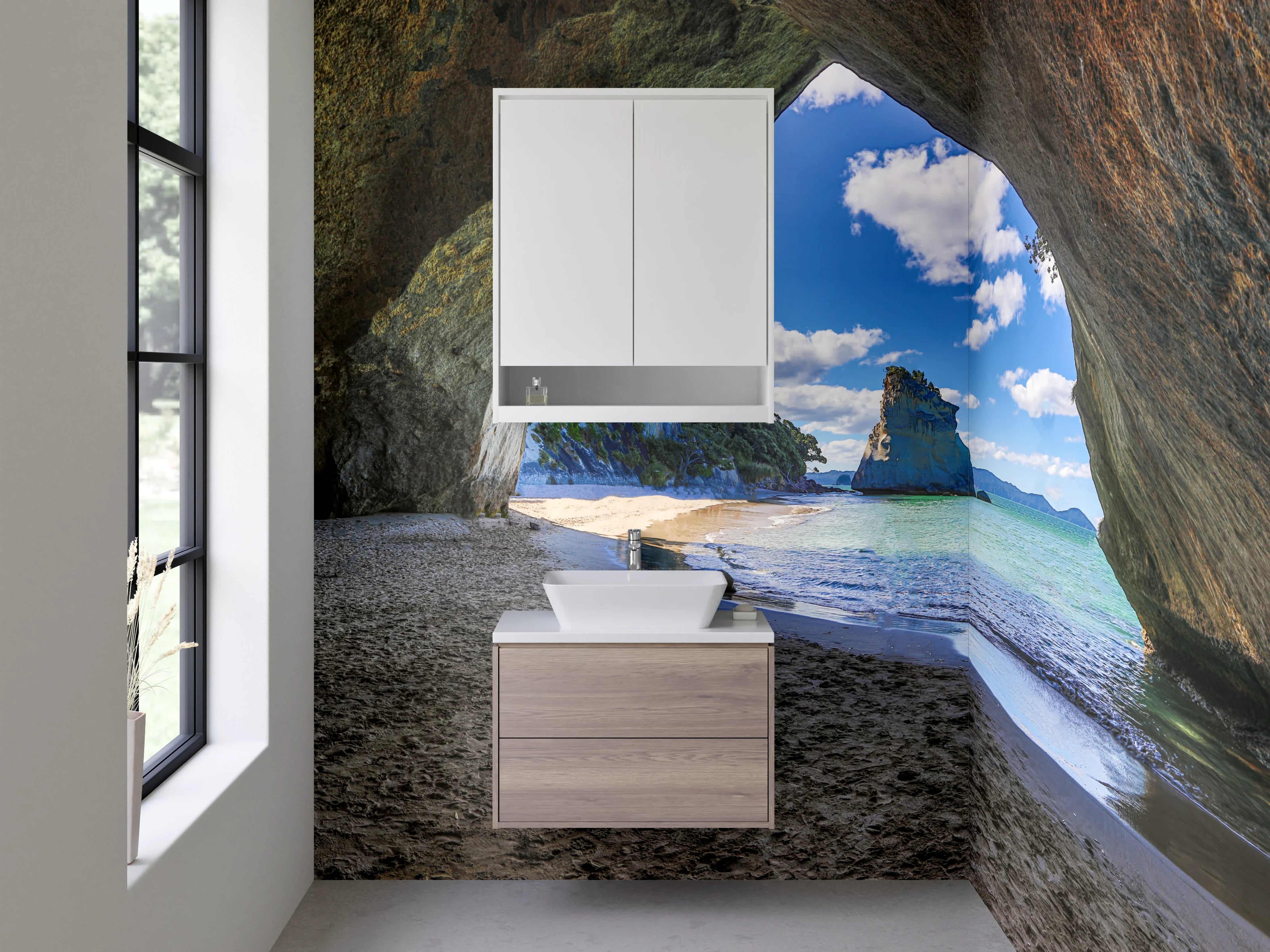 Waschbecken-Rückwand - Strandhöhle mit Blick aufs Meer