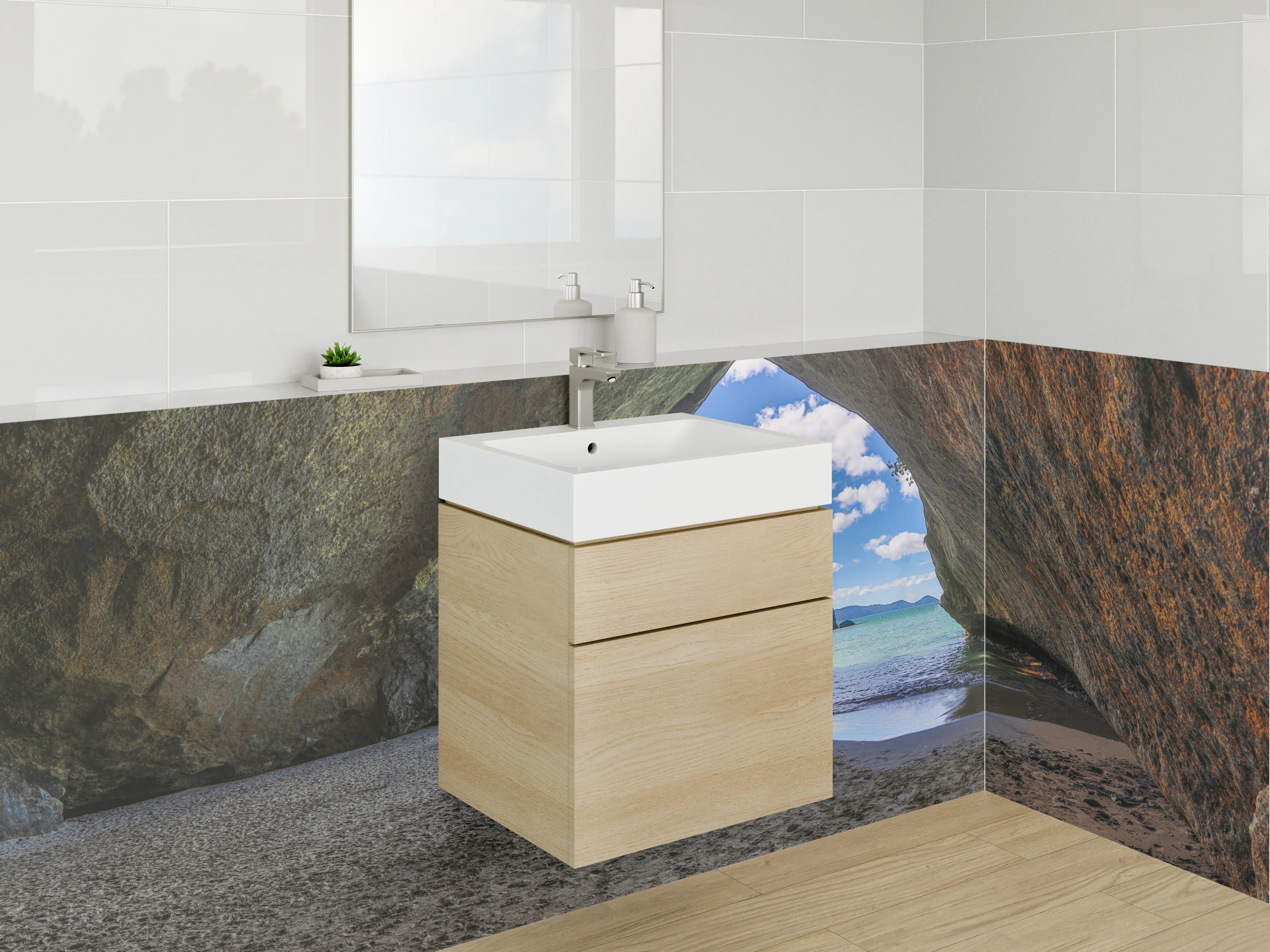 Waschbecken-Rückwand - Strandhöhle mit Blick aufs Meer