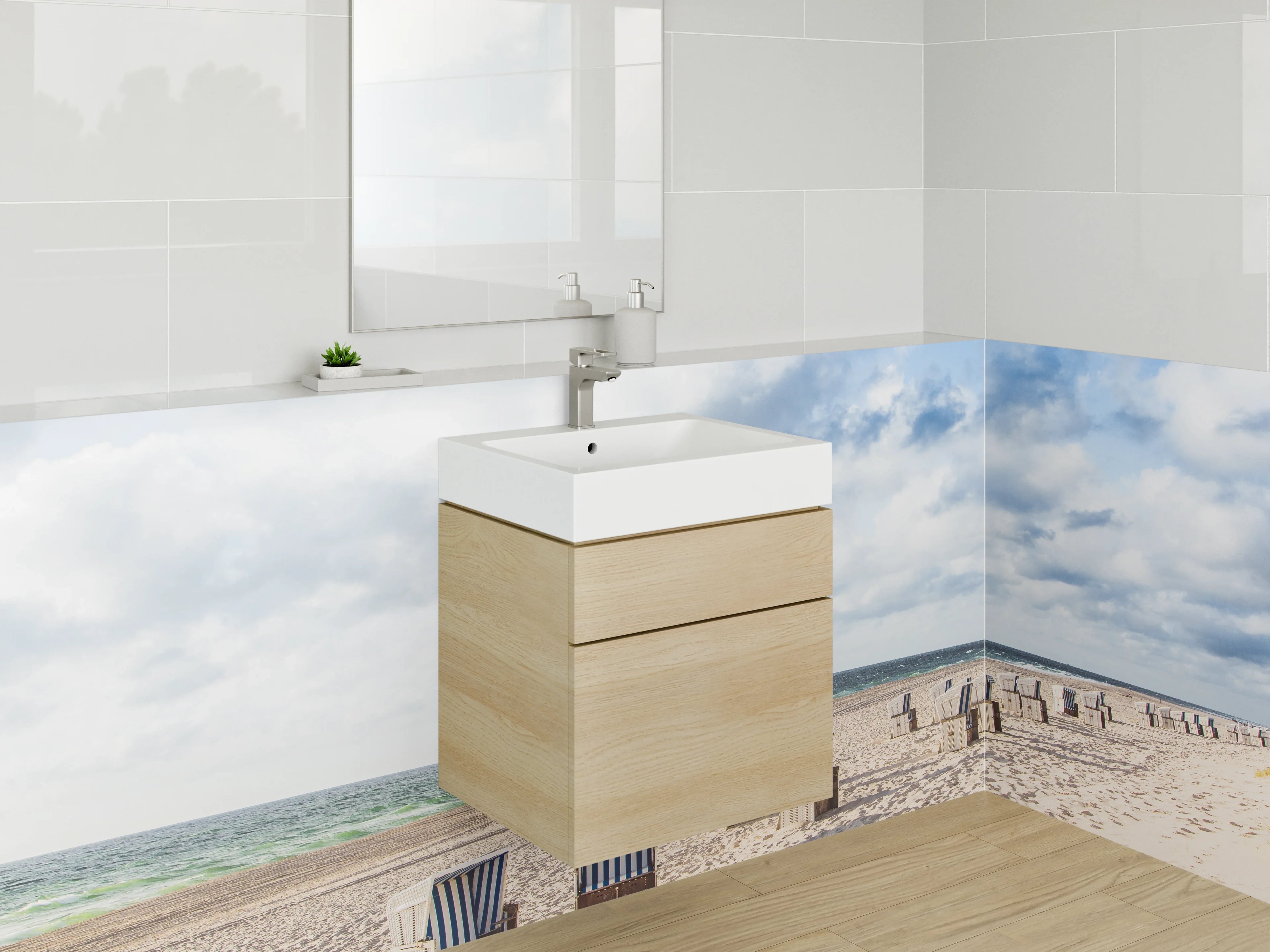 Waschbecken-Rückwand - Strandkörbe am leeren Nordseestrand