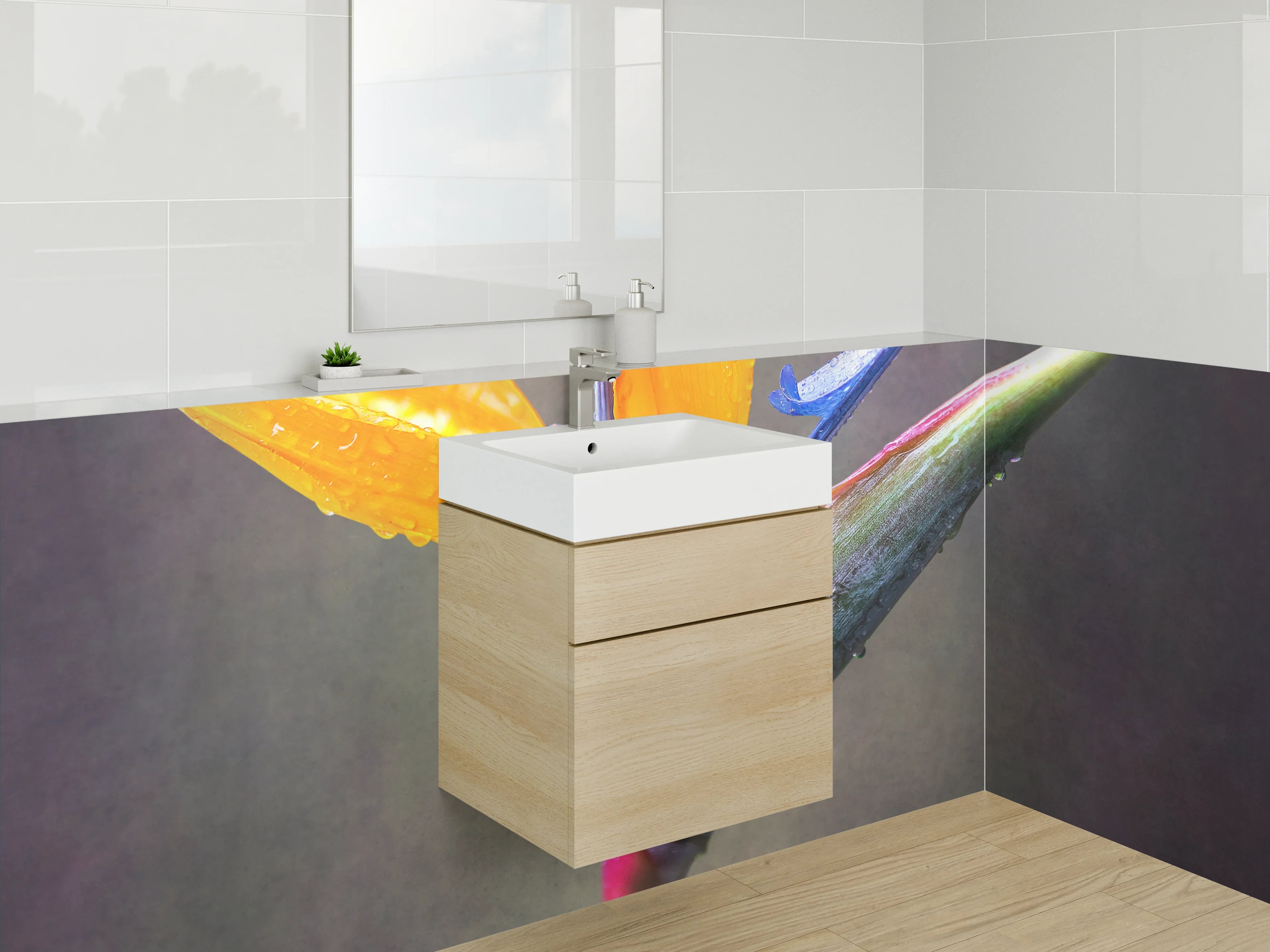 Waschbecken-Rückwand - Strelitzien Blüte – Exotische Pflanzenkunst