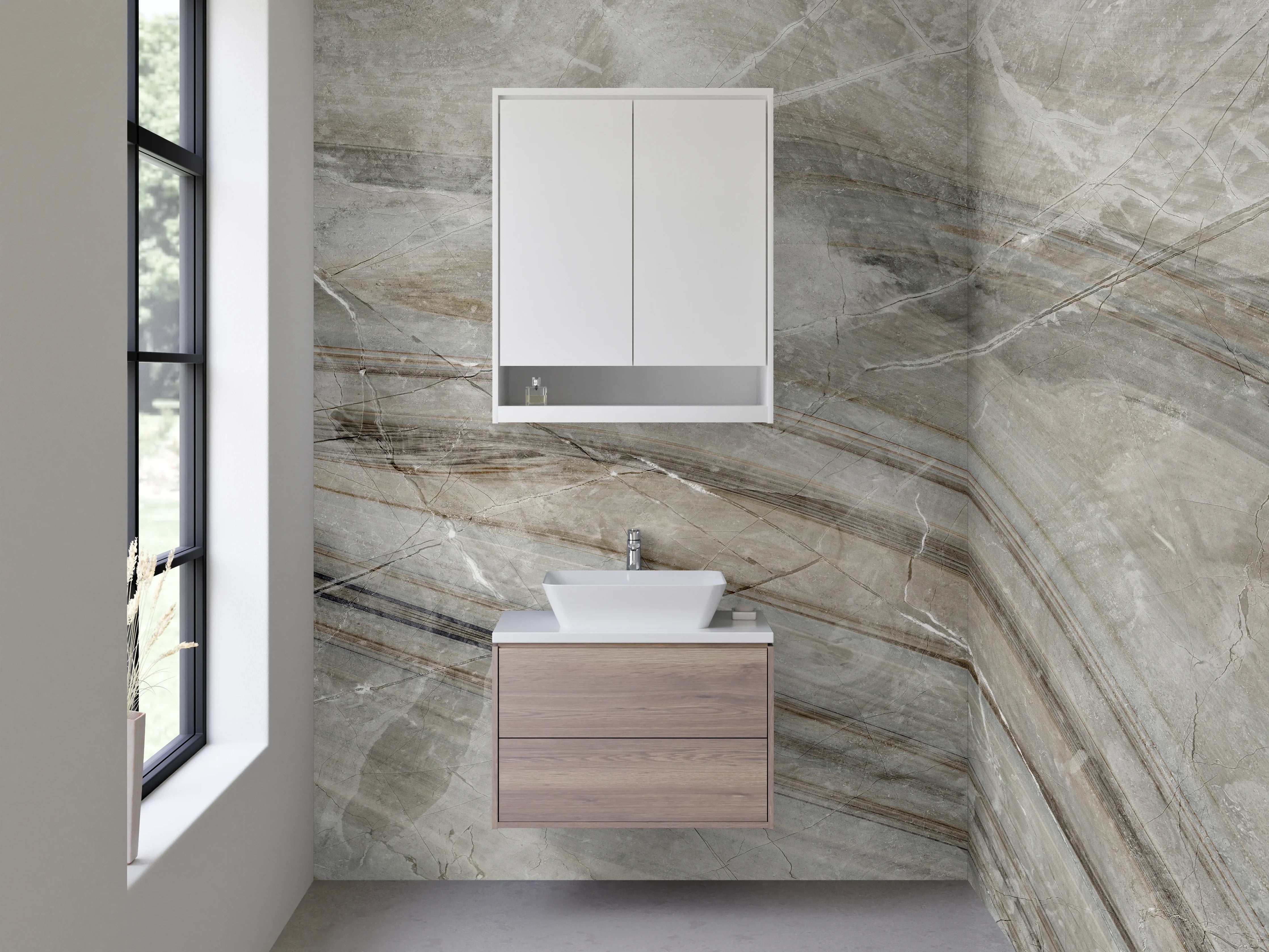 Waschbecken-Rückwand - Strukturierte Steinoptik in Grautönen