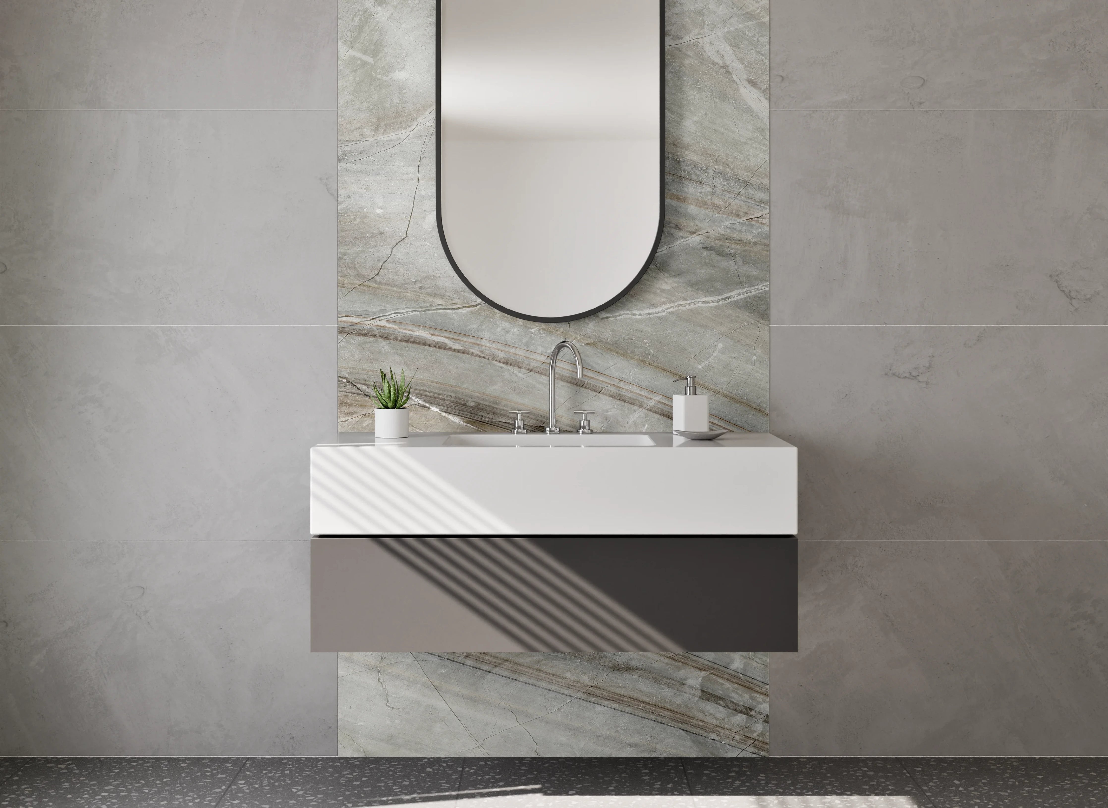 Waschbecken-Rückwand - Strukturierte Steinoptik in Grautönen