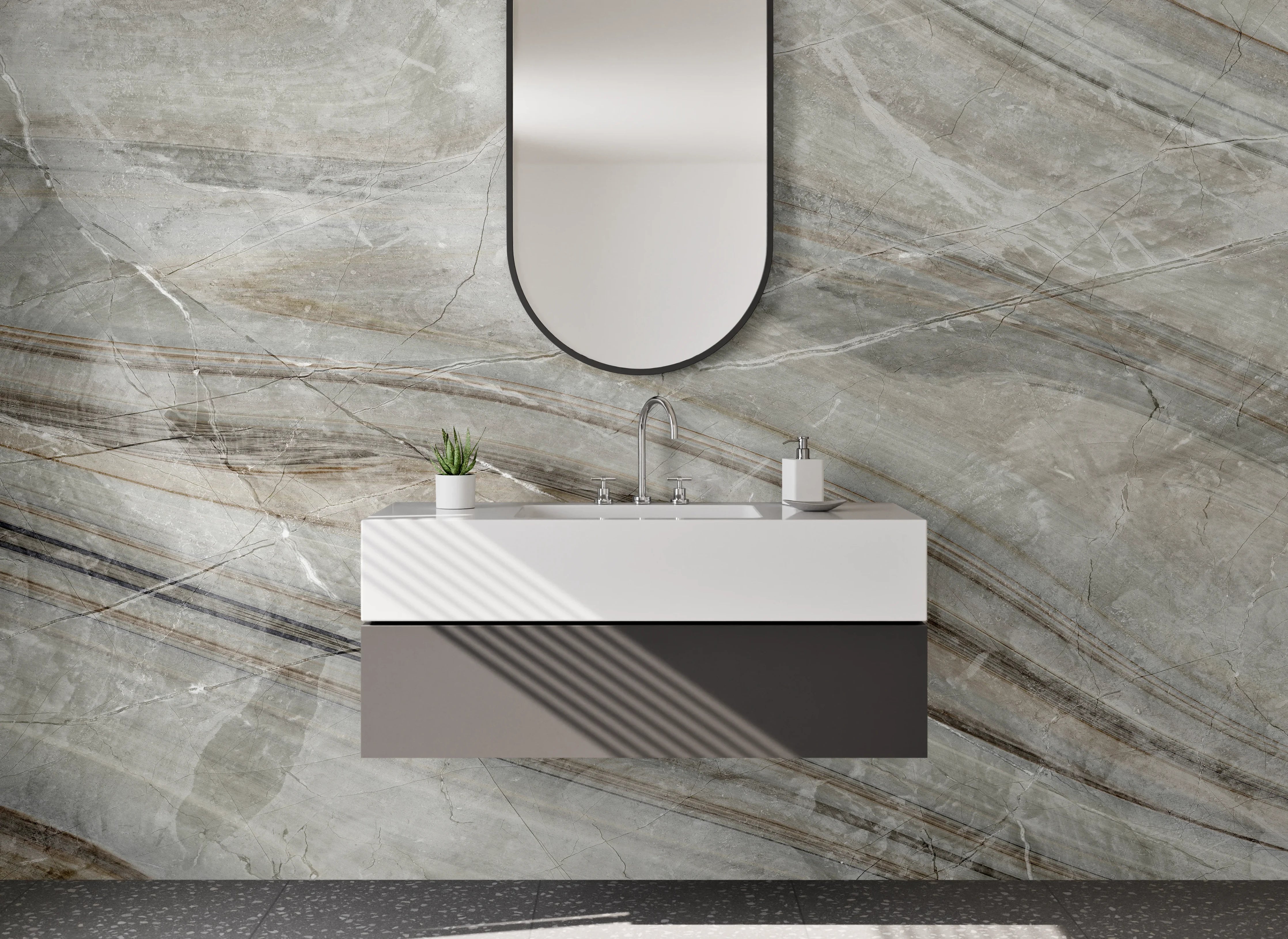 Waschbecken-Rückwand - Strukturierte Steinoptik in Grautönen