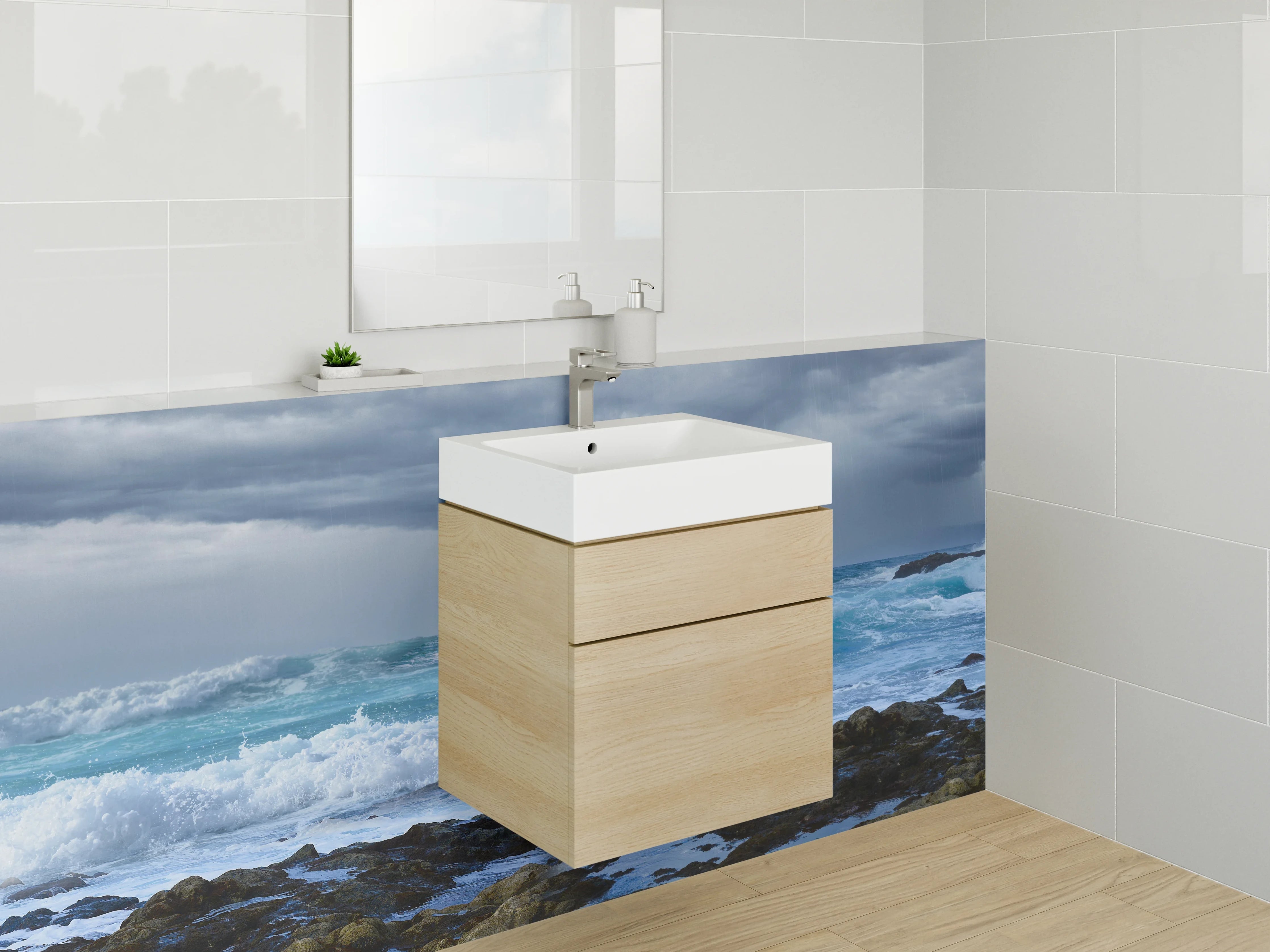 Waschbecken-Rückwand - Stürmische Küste – Meerblaue Wellen