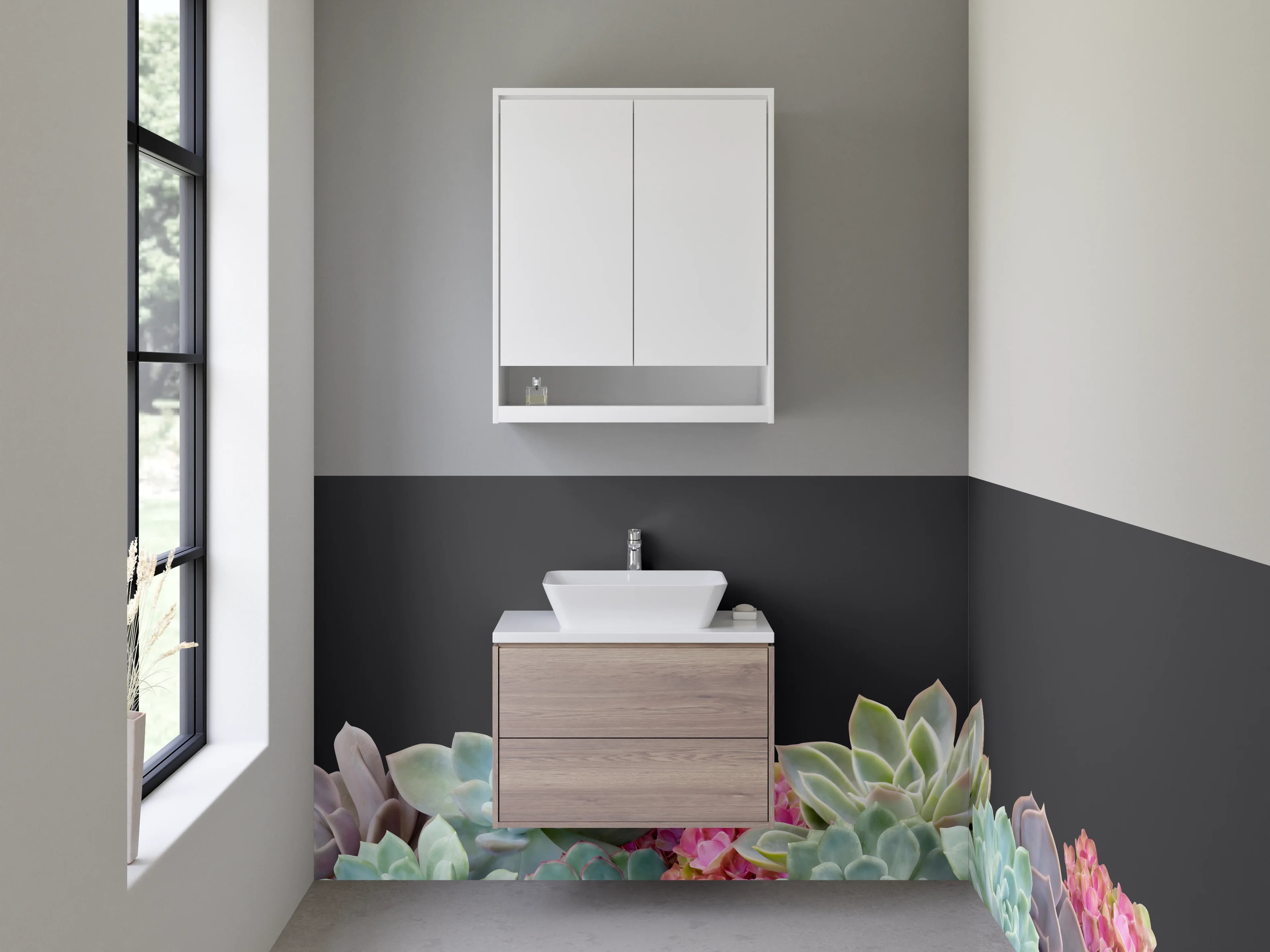 Waschbecken-Rückwand - Sukkulentenblüten auf dunklem Hintergrund