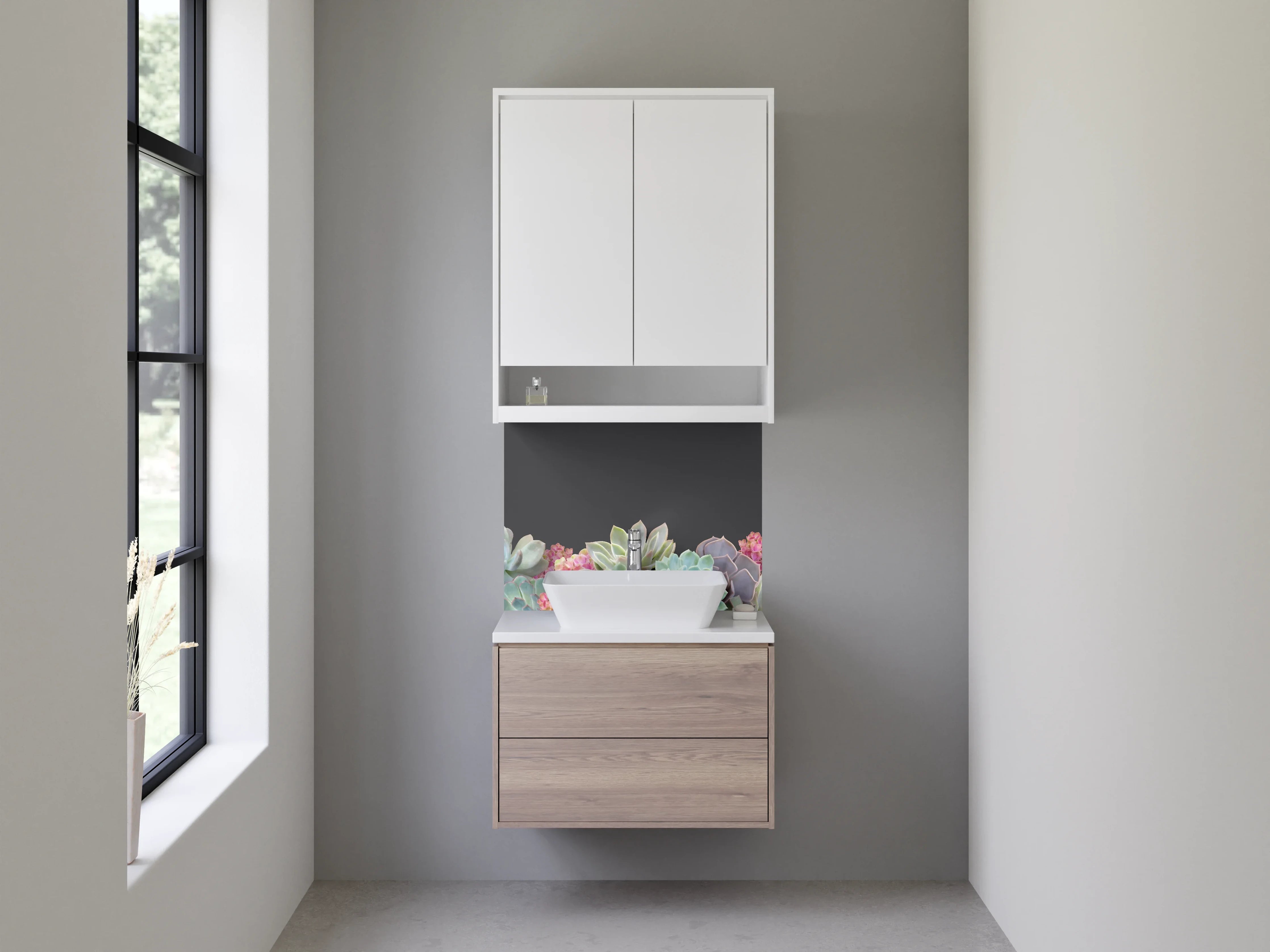 Waschbecken-Rückwand - Sukkulentenblüten auf dunklem Hintergrund