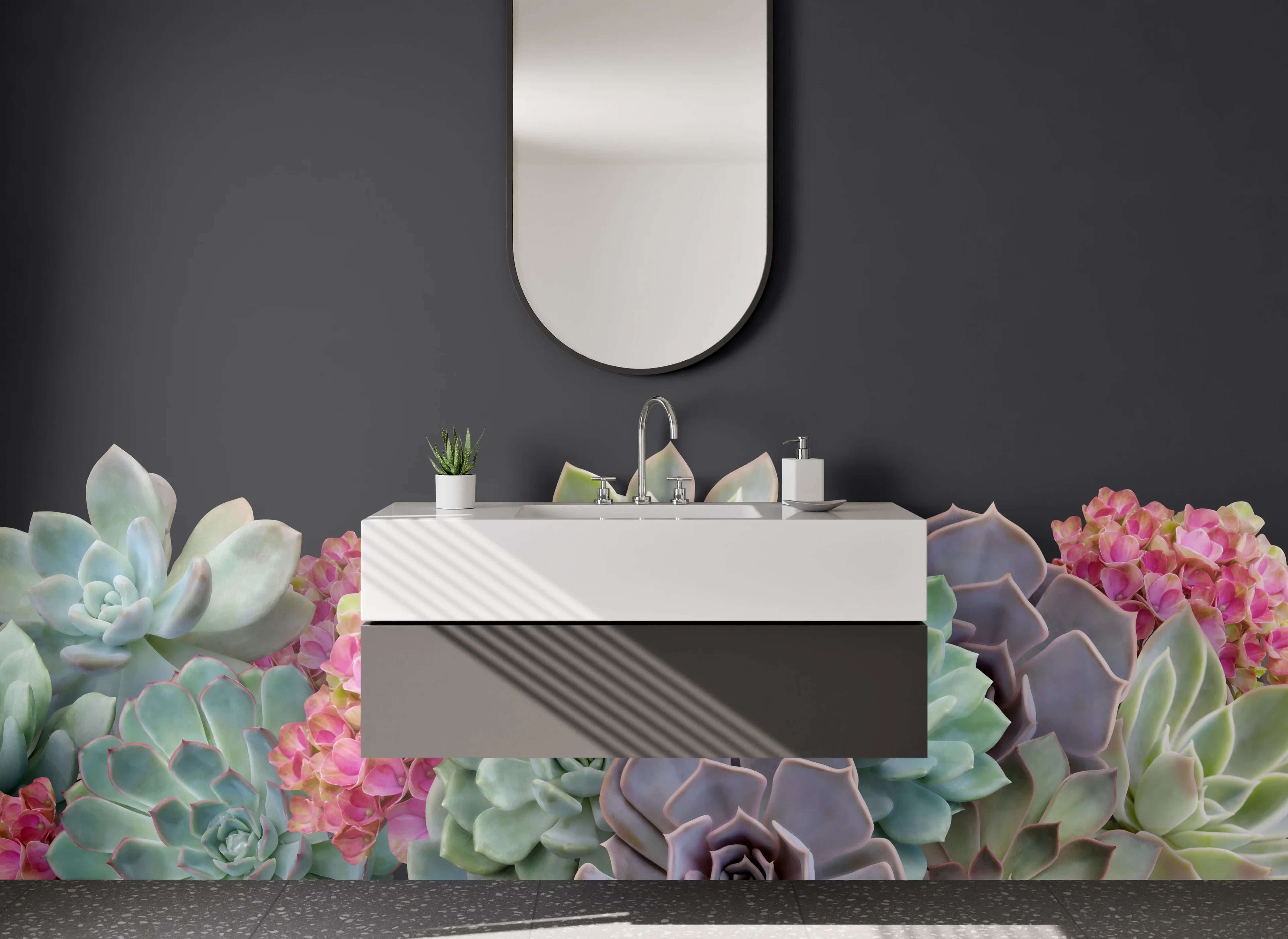 Waschbecken-Rückwand - Sukkulentenblüten auf dunklem Hintergrund