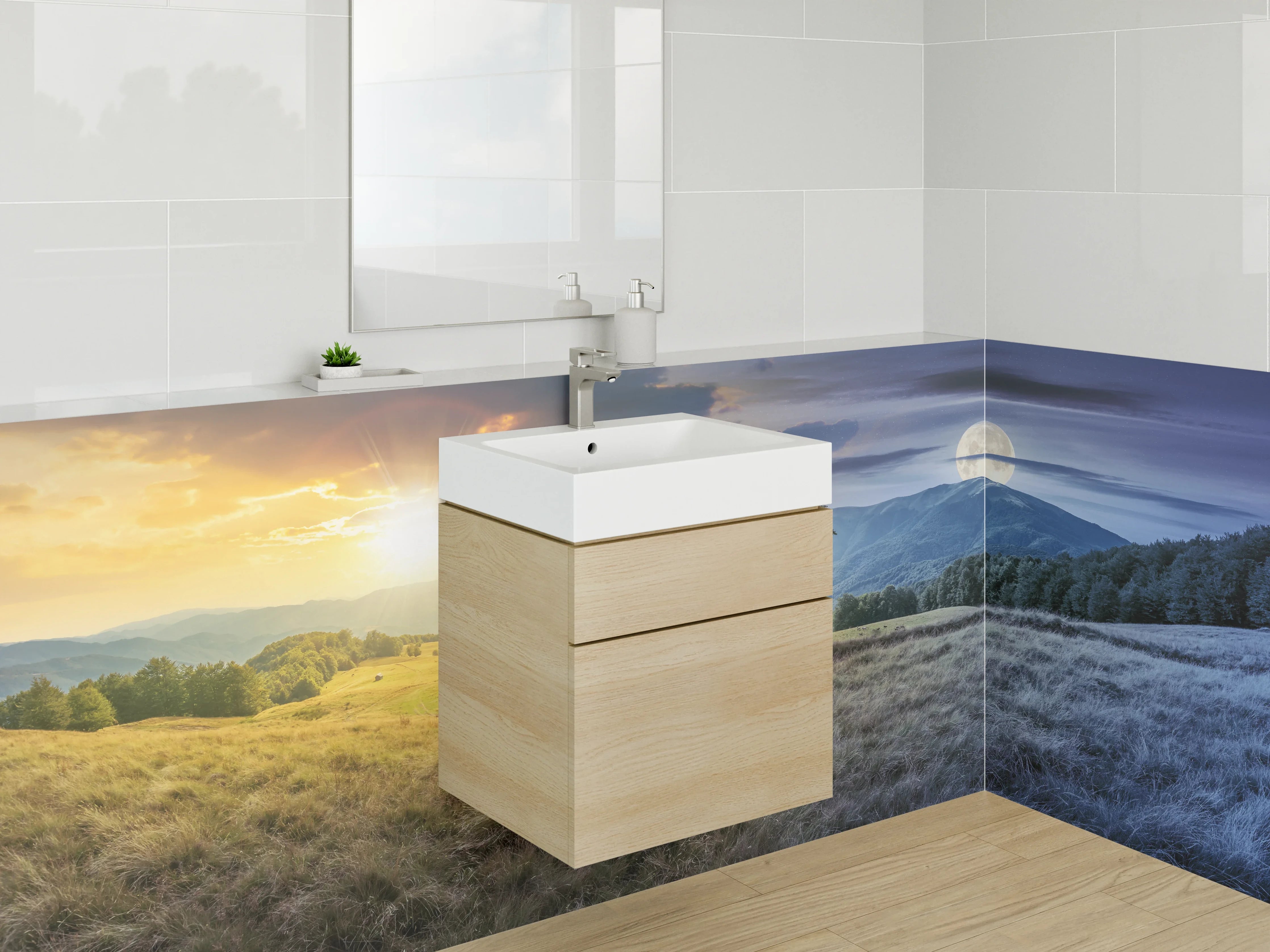 Waschbecken-Rückwand - Tag-und-Nacht-Landschaft Panorama Fototapete