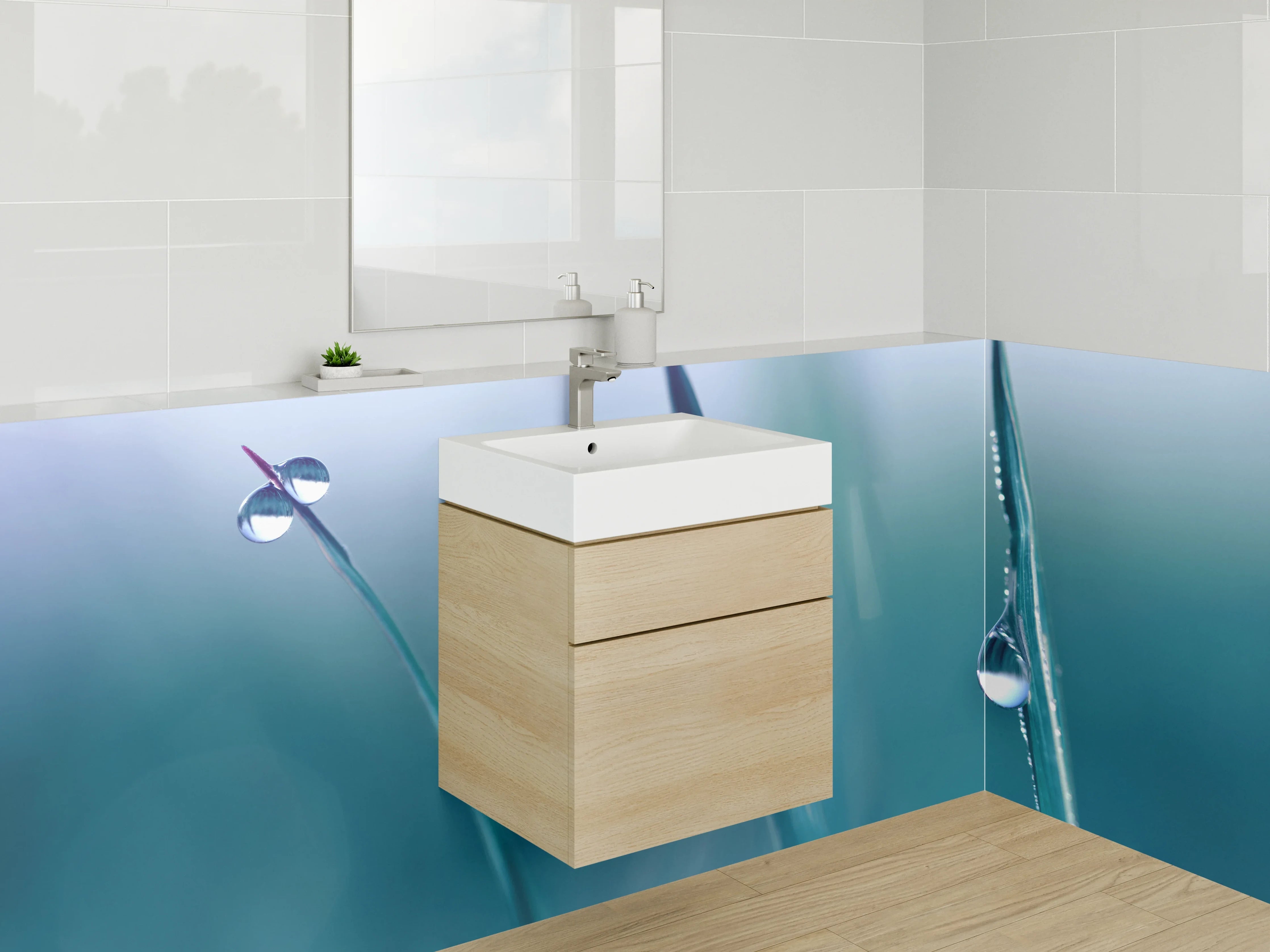 Waschbecken-Rückwand - Tautropfen auf Grashalmen Makro Naturmotiv