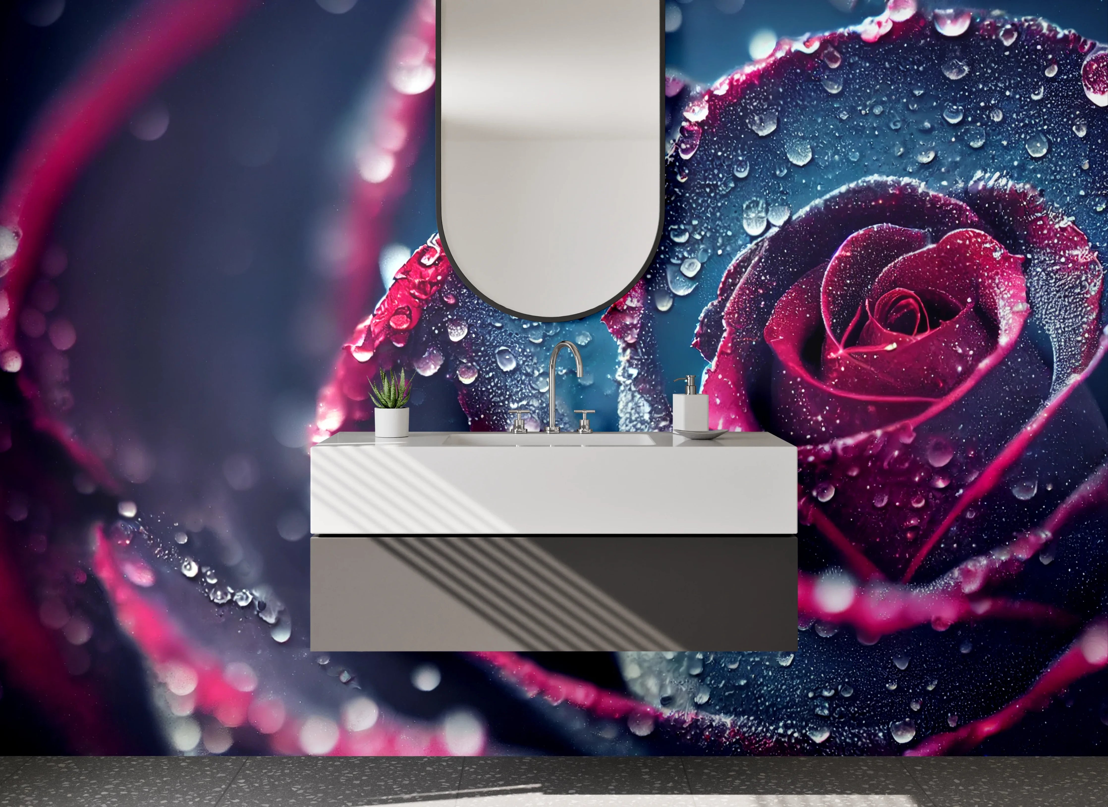 Waschbecken-Rückwand - Tautropfen auf dunkler Rosenblüte