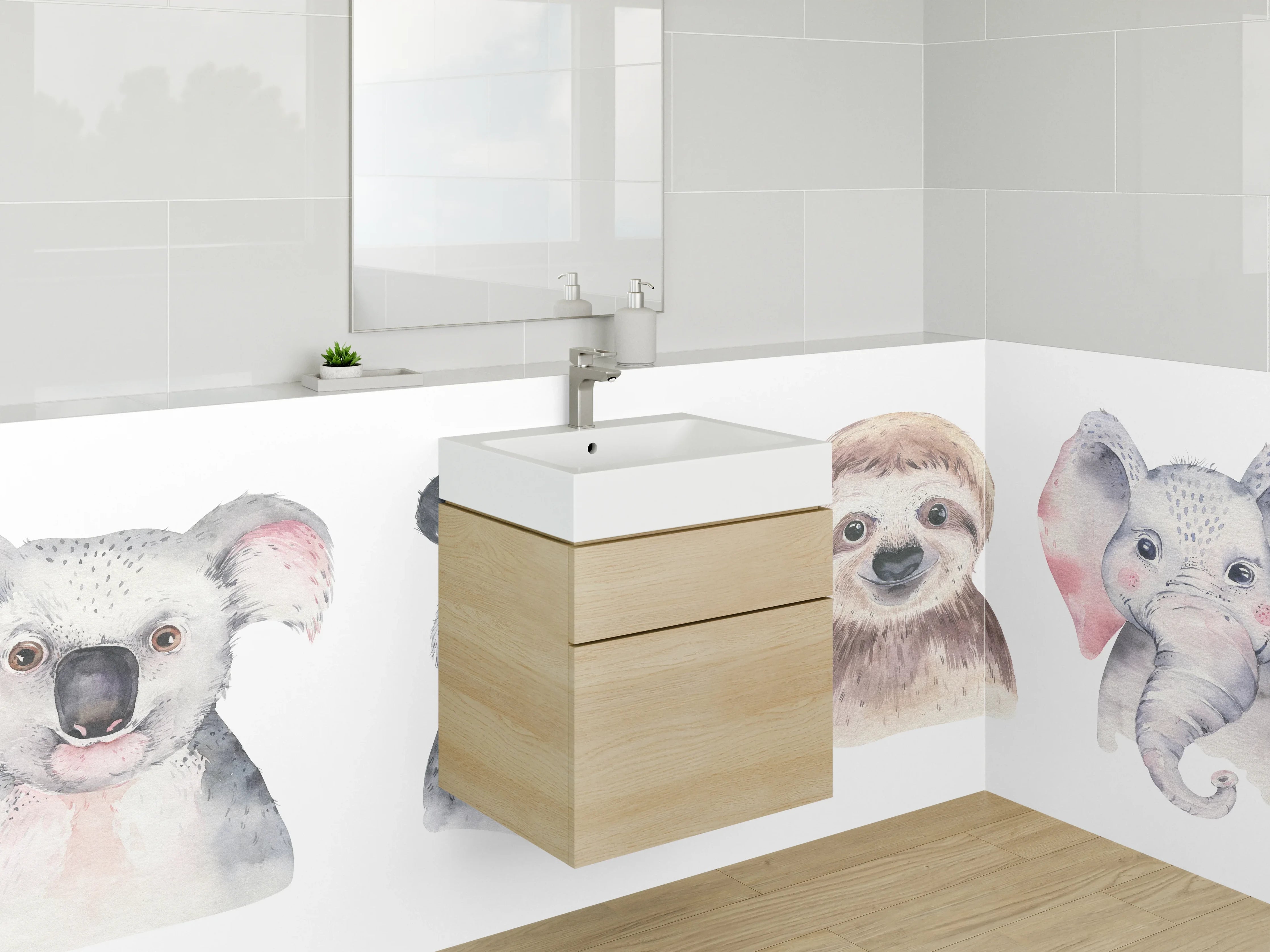 Waschbecken-Rückwand - Tierische Aquarellköpfe auf Weiß