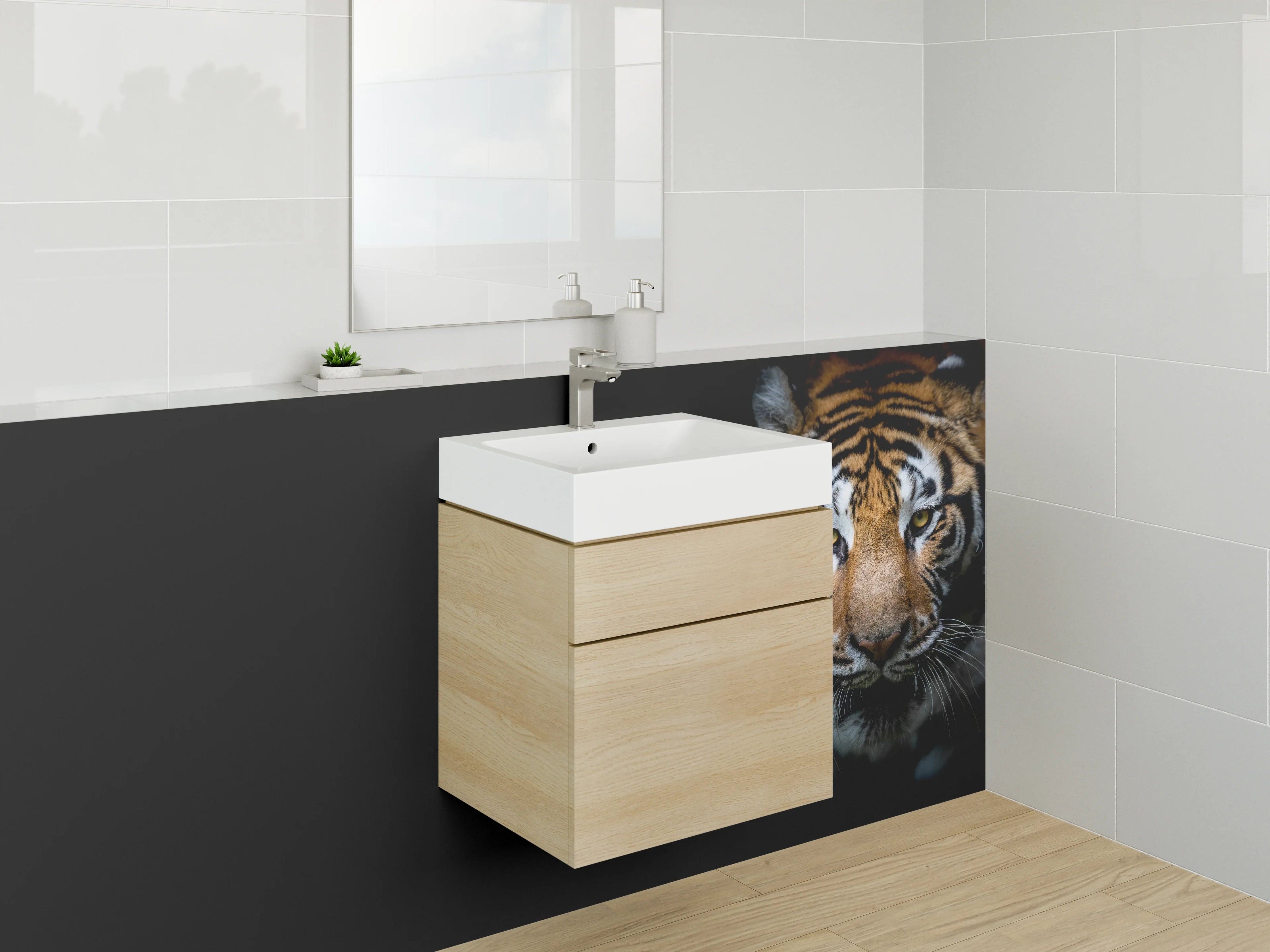 Waschbecken-Rückwand - Tiger Porträt auf Schwarz – Kraftvoll