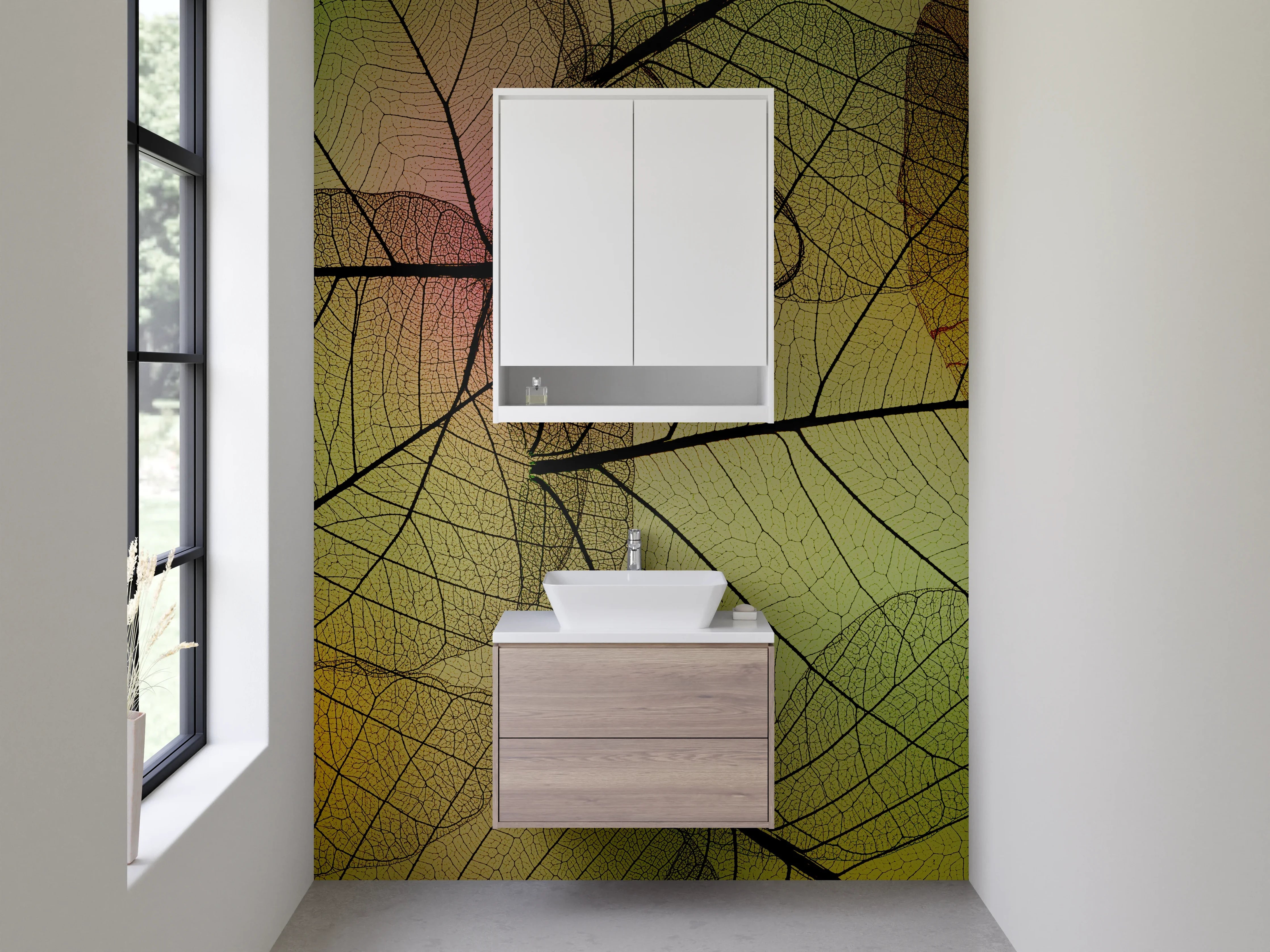 Waschbecken-Rückwand - Transparente Blätter Natur-Design grün gelb