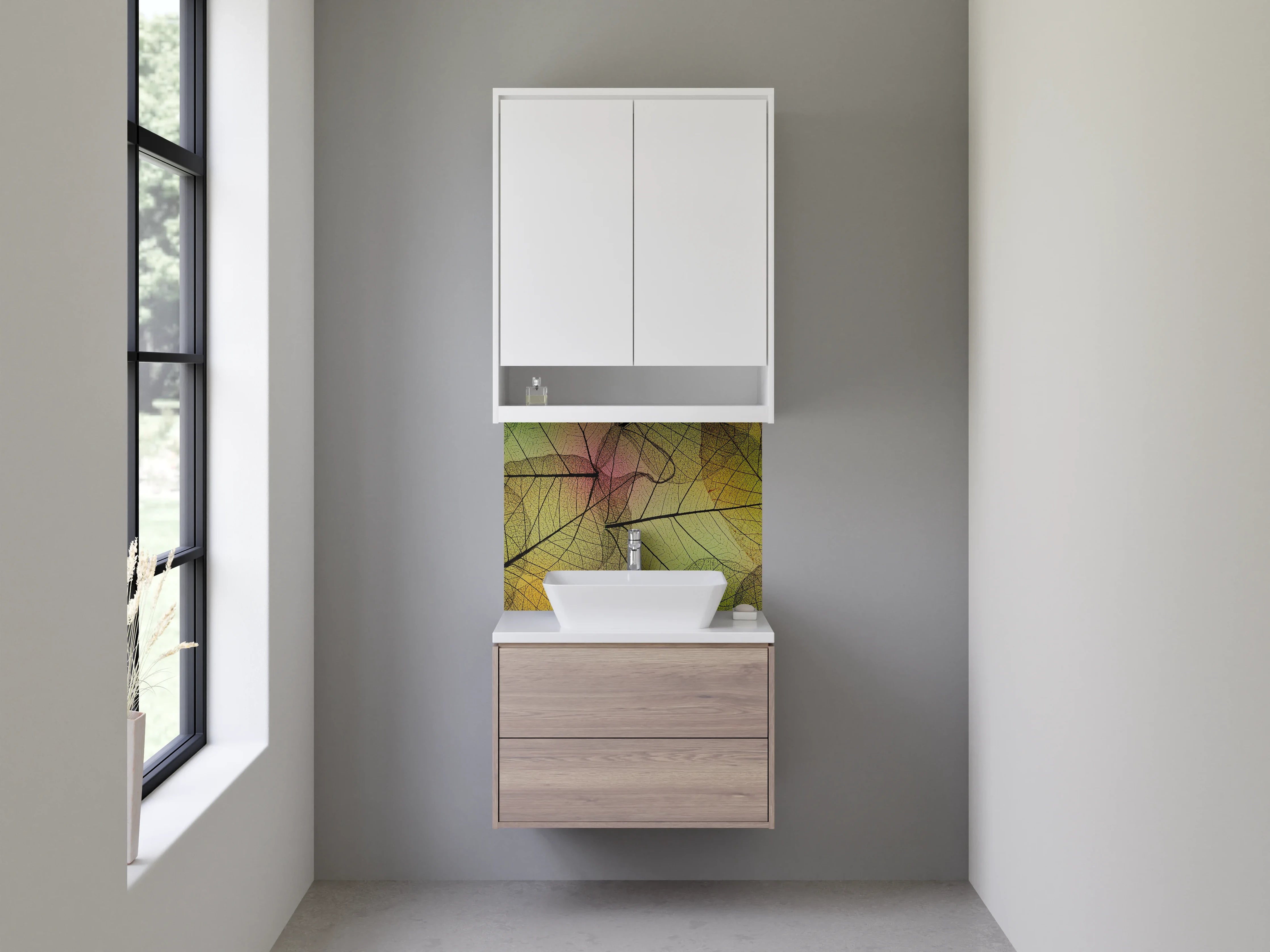 Waschbecken-Rückwand - Transparente Blätter Natur-Design grün gelb