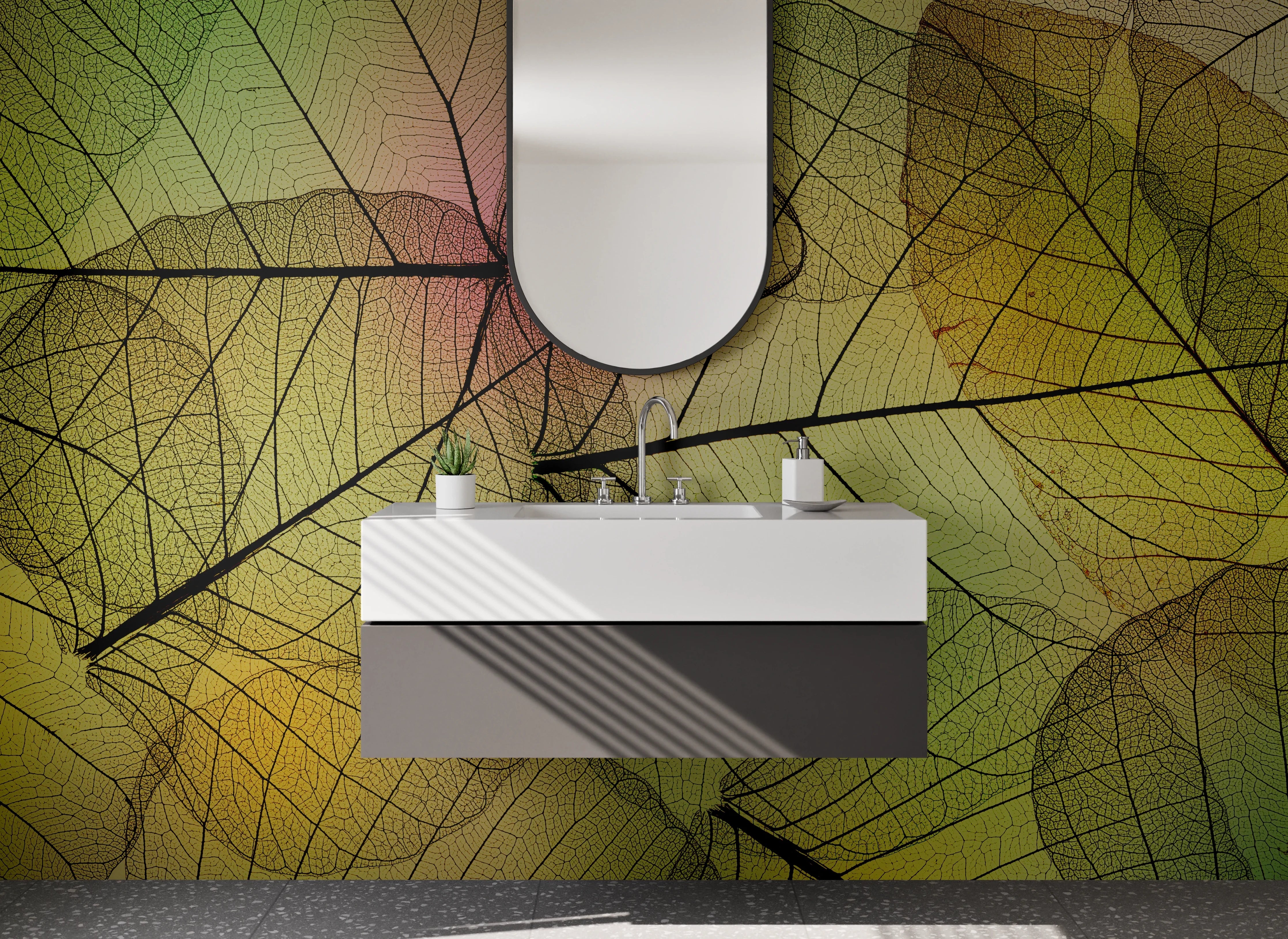 Waschbecken-Rückwand - Transparente Blätter Natur-Design grün gelb