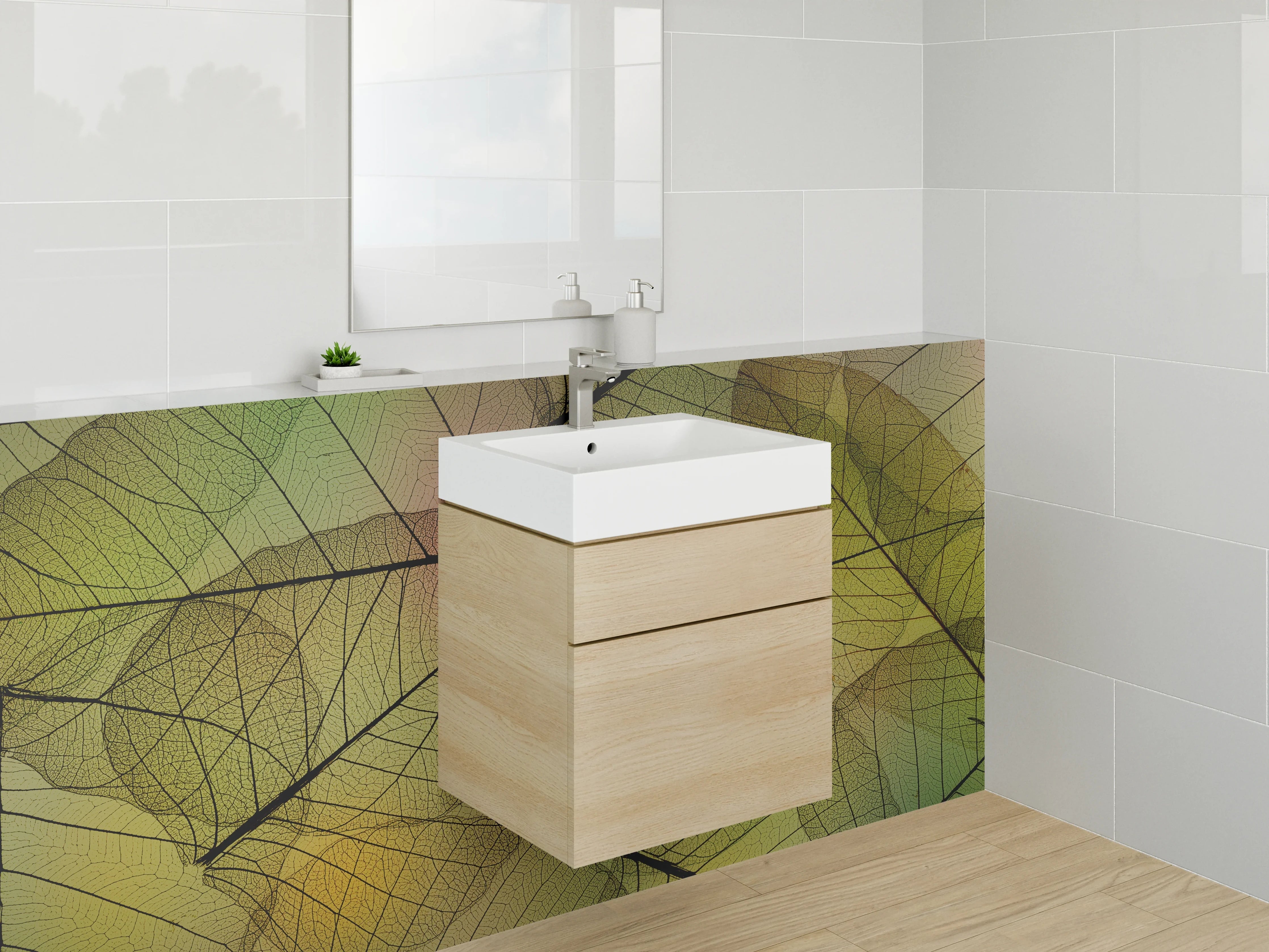 Waschbecken-Rückwand - Transparente Blätter Natur-Design grün gelb