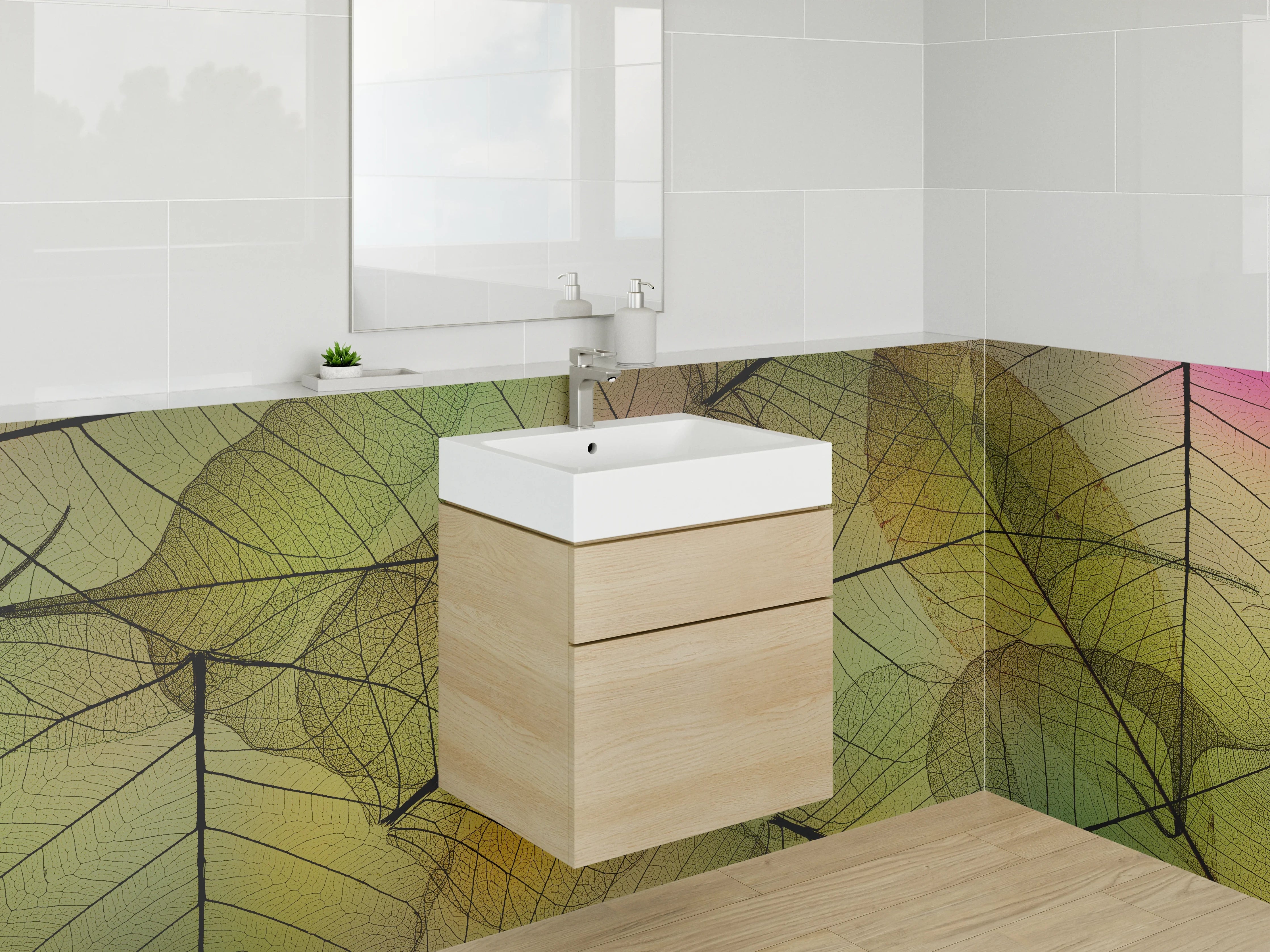 Waschbecken-Rückwand - Transparente Blätter Natur-Design grün gelb