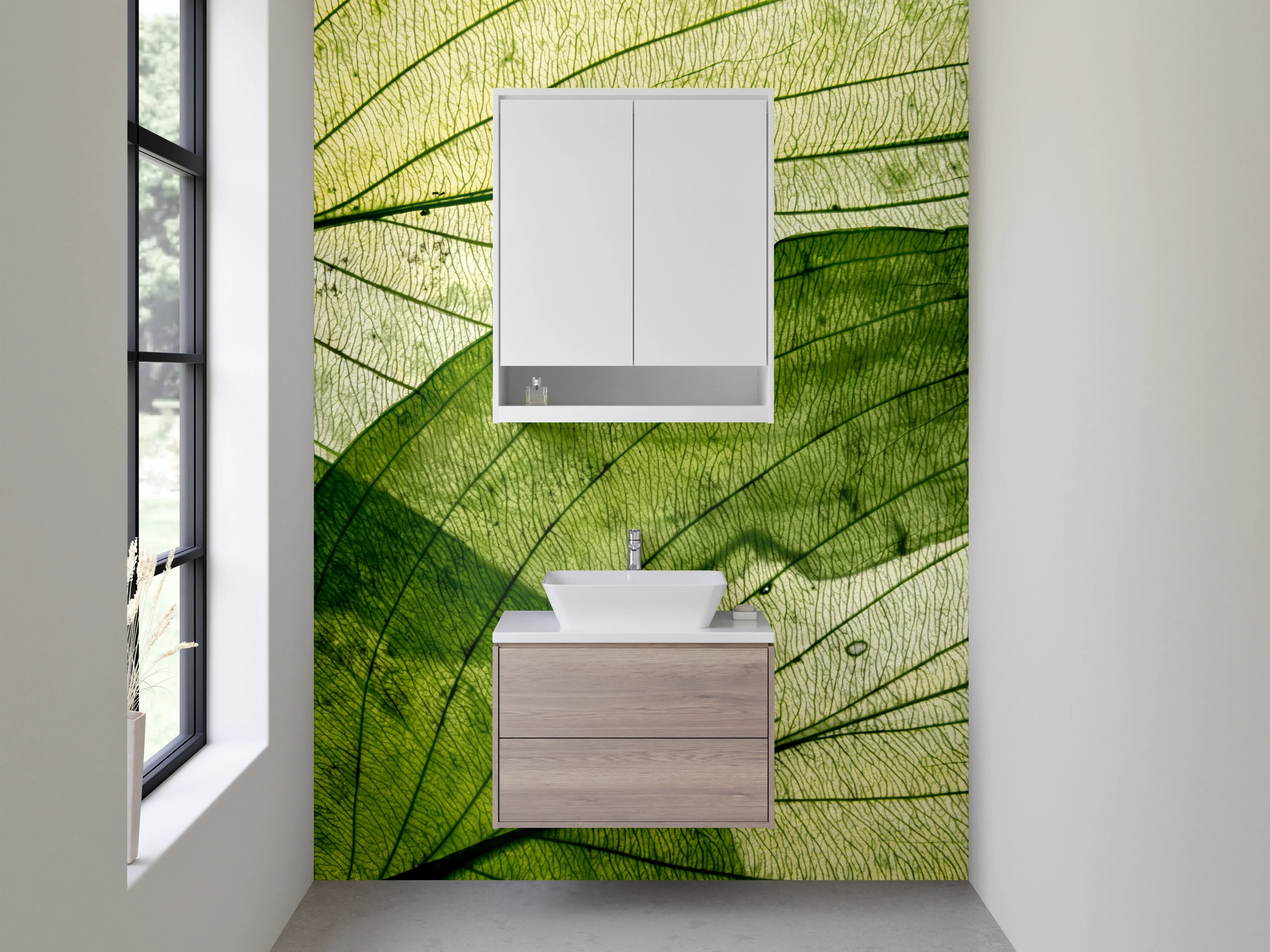 Waschbecken-Rückwand - Transparente Blätter – Grünes Naturmotiv