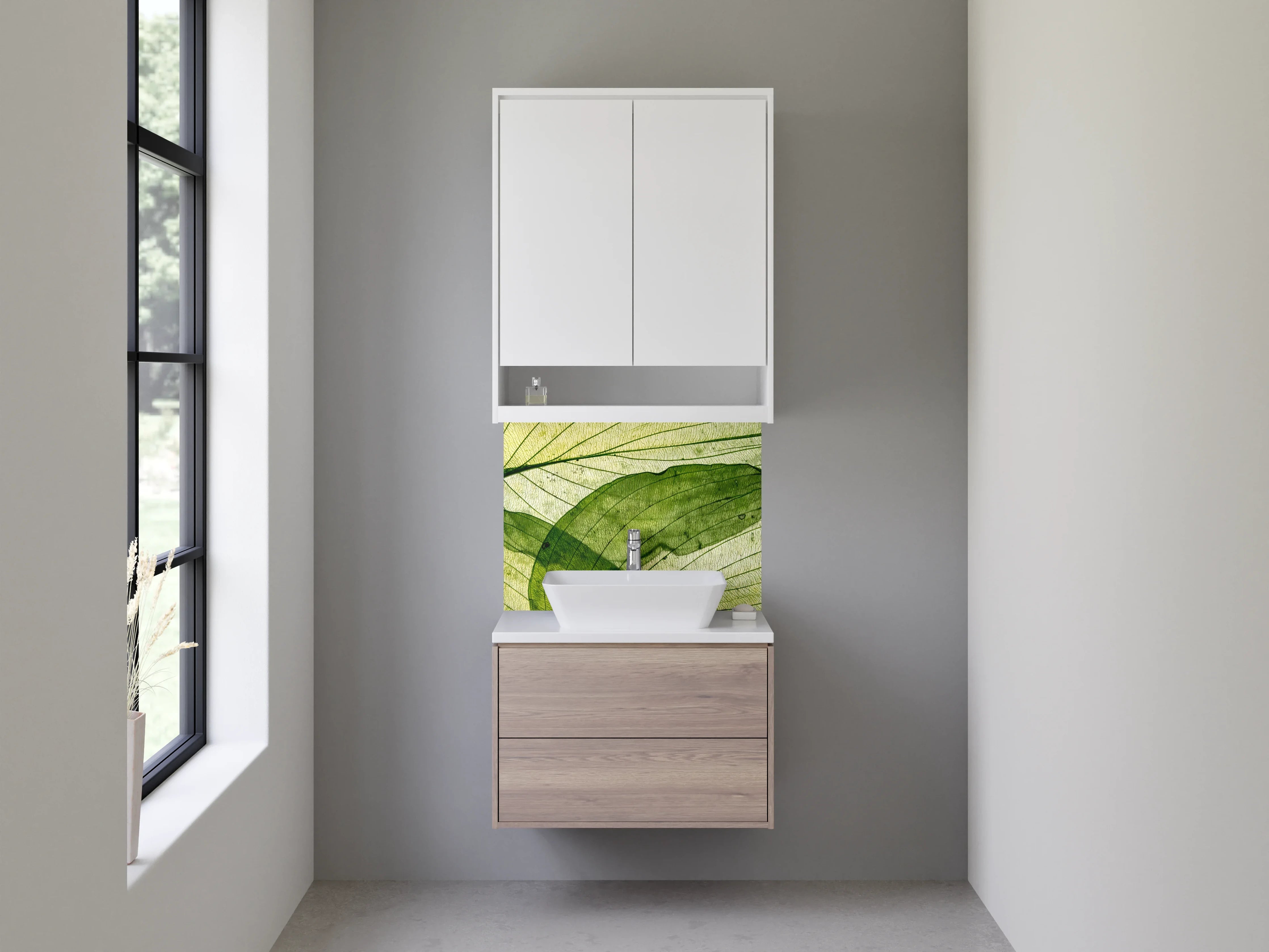 Waschbecken-Rückwand - Transparente Blätter – Grünes Naturmotiv