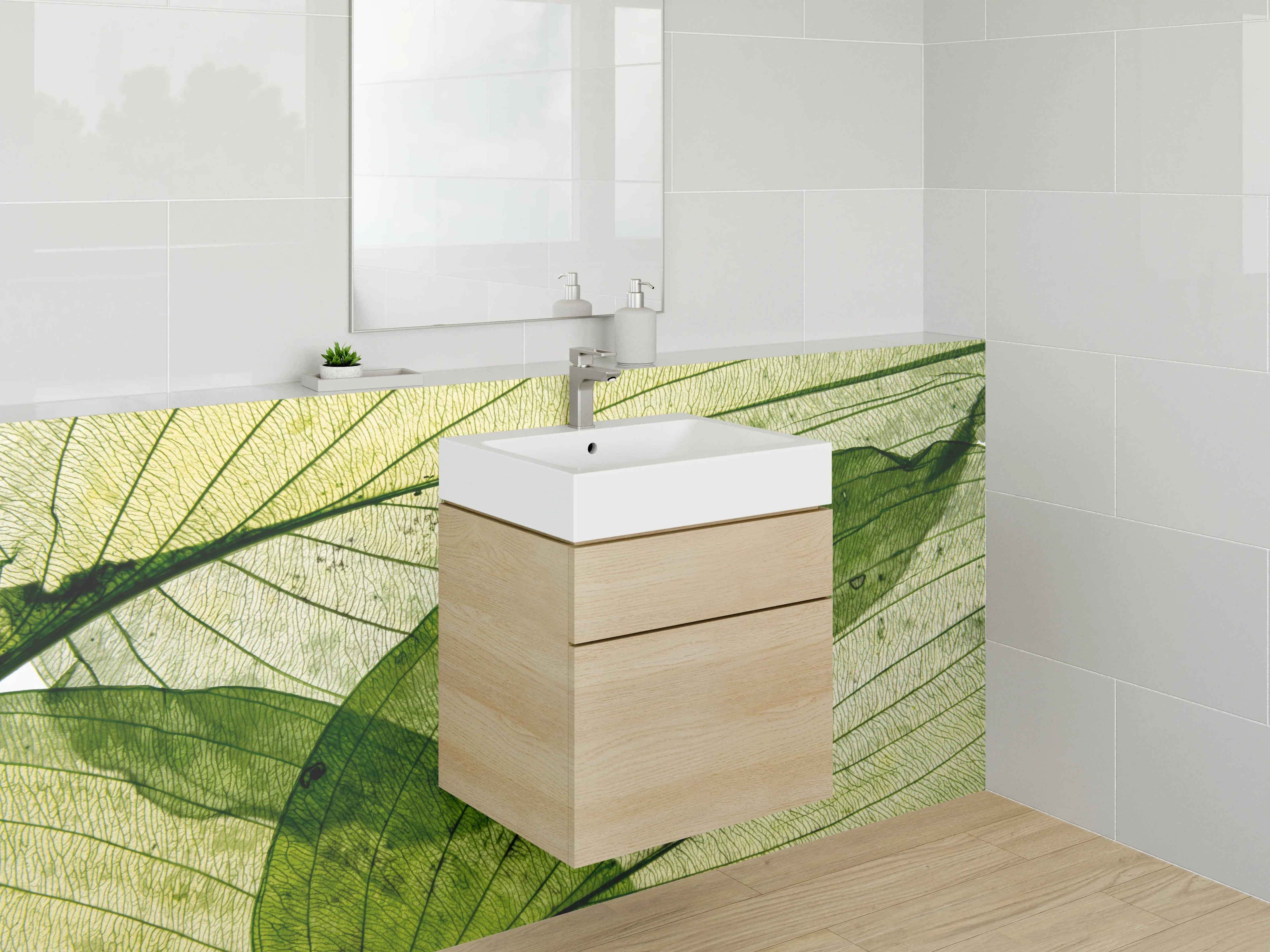 Waschbecken-Rückwand - Transparente Blätter – Grünes Naturmotiv
