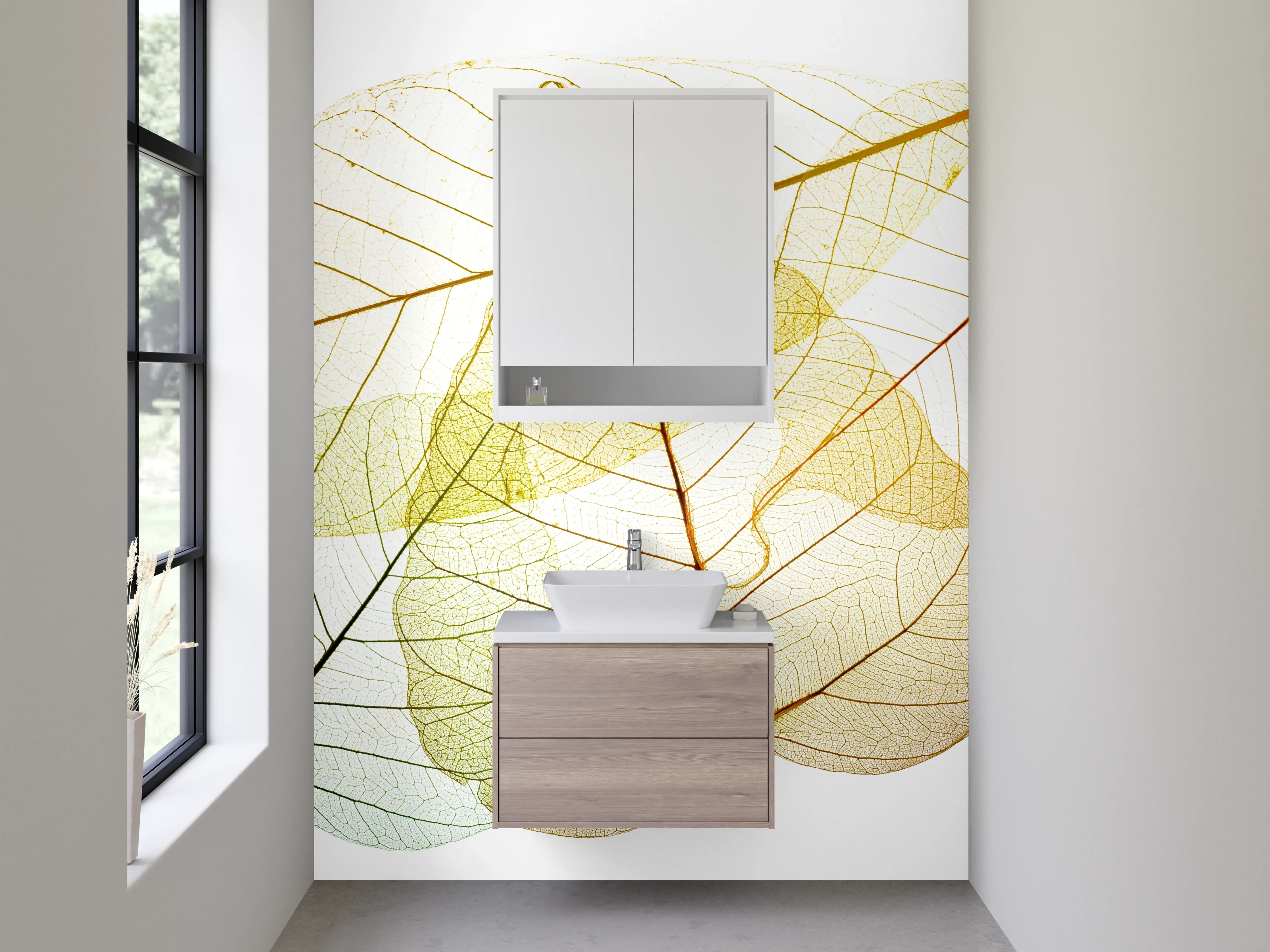 Waschbecken-Rückwand - Transparente Blätter – Natur auf Weiß