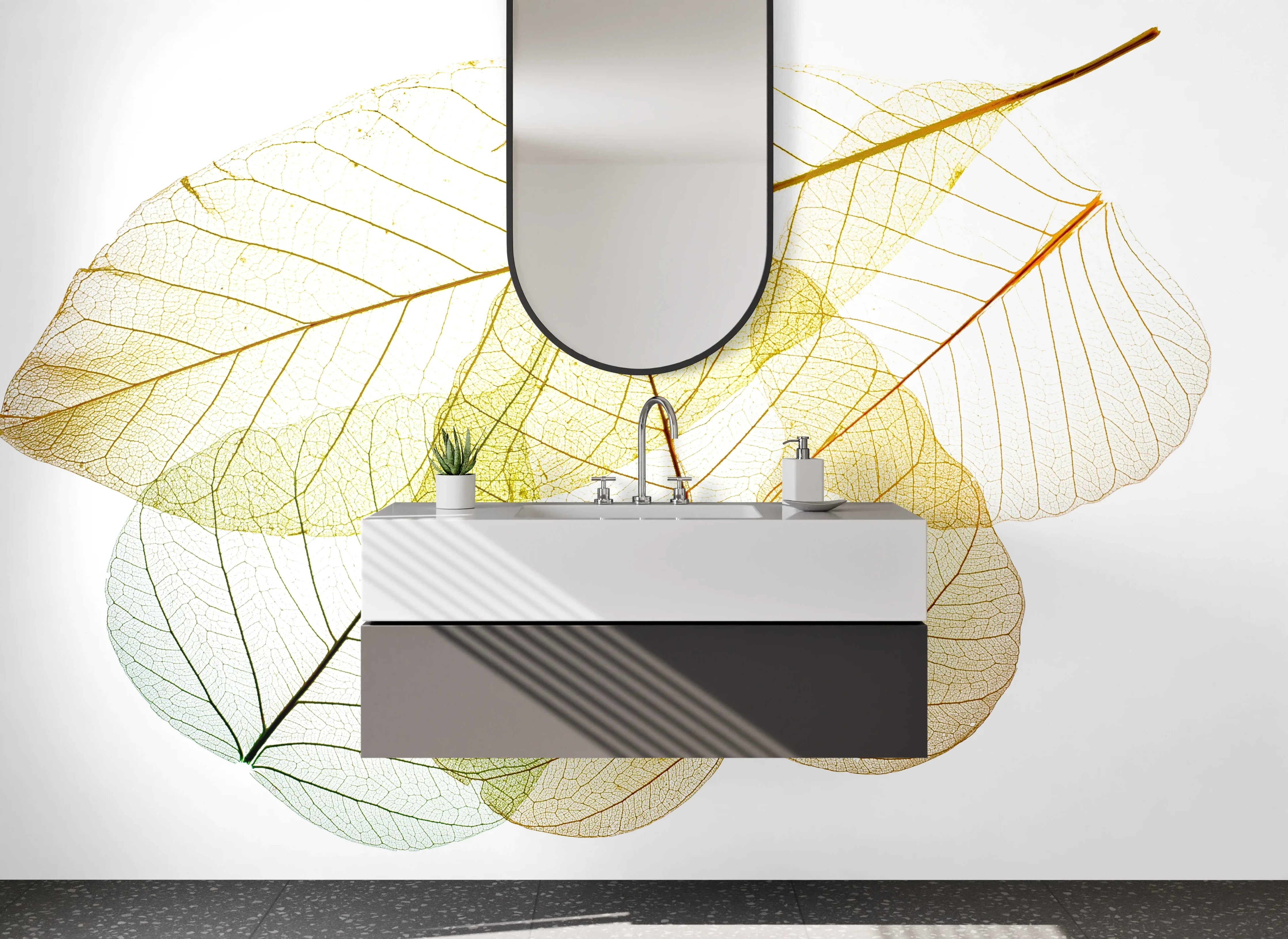 Waschbecken-Rückwand - Transparente Blätter – Natur auf Weiß