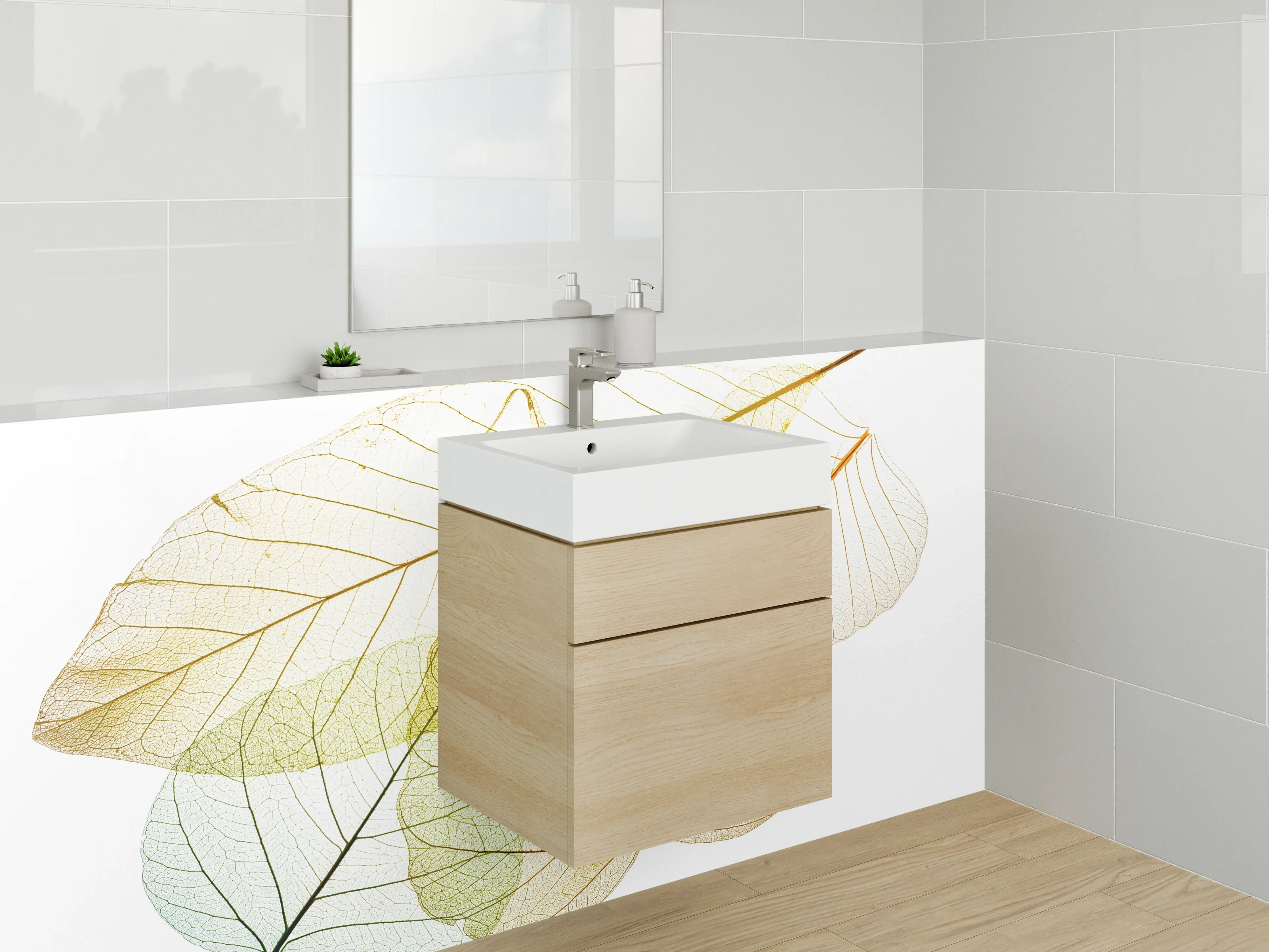 Waschbecken-Rückwand - Transparente Blätter – Natur auf Weiß