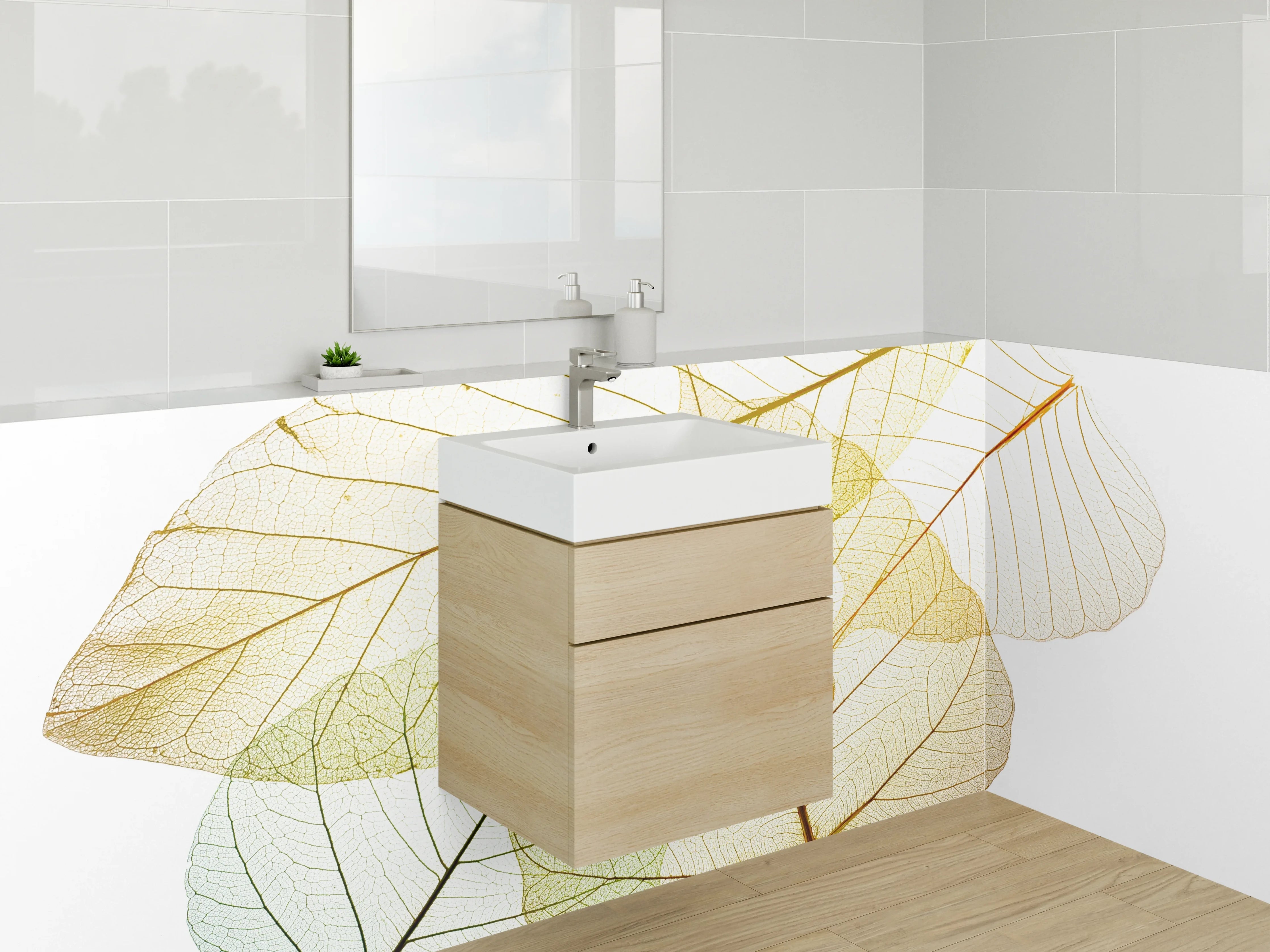 Waschbecken-Rückwand - Transparente Blätter – Natur auf Weiß