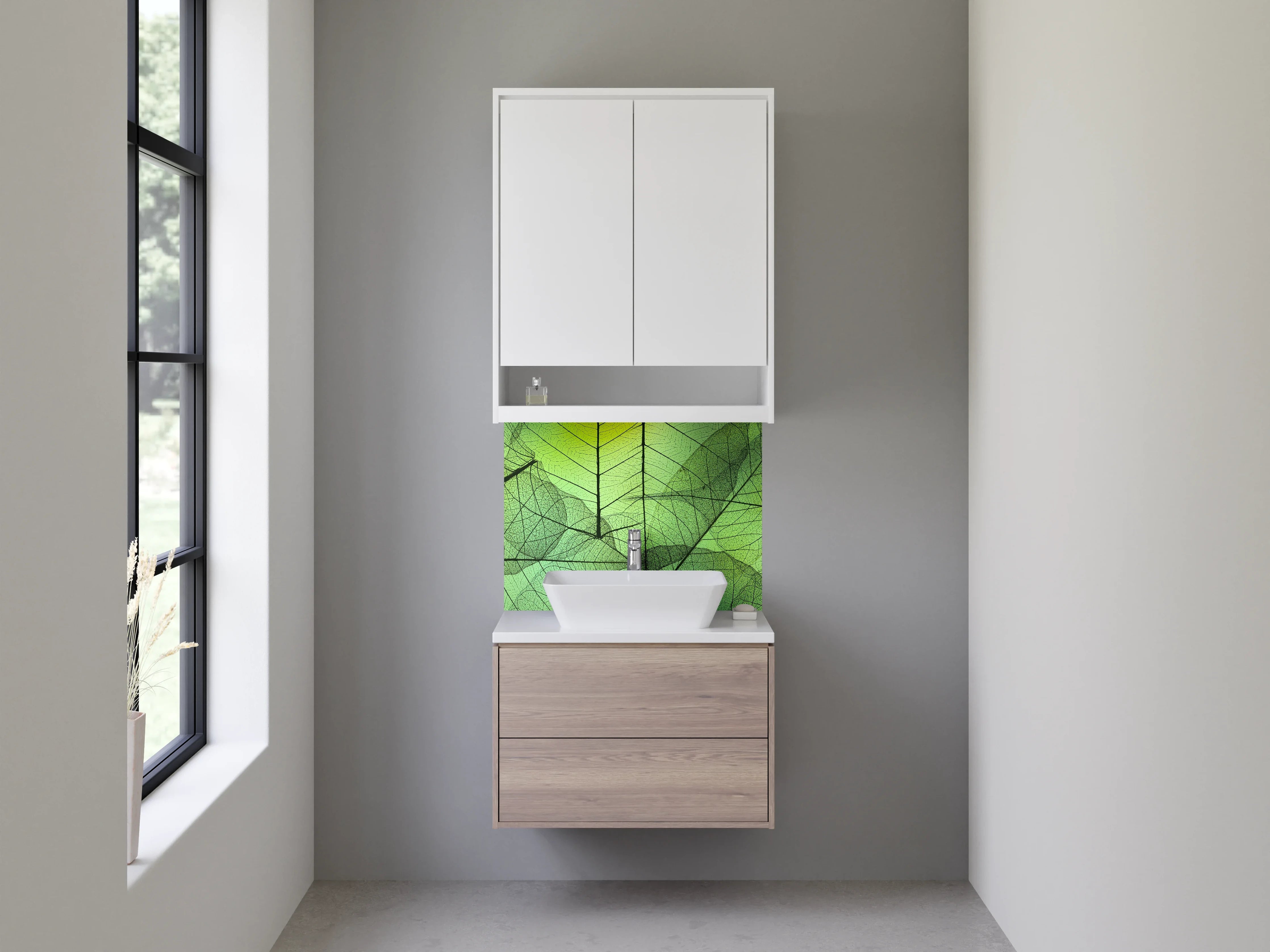 Waschbecken-Rückwand - Transparente Blätter grün – Natur-Design