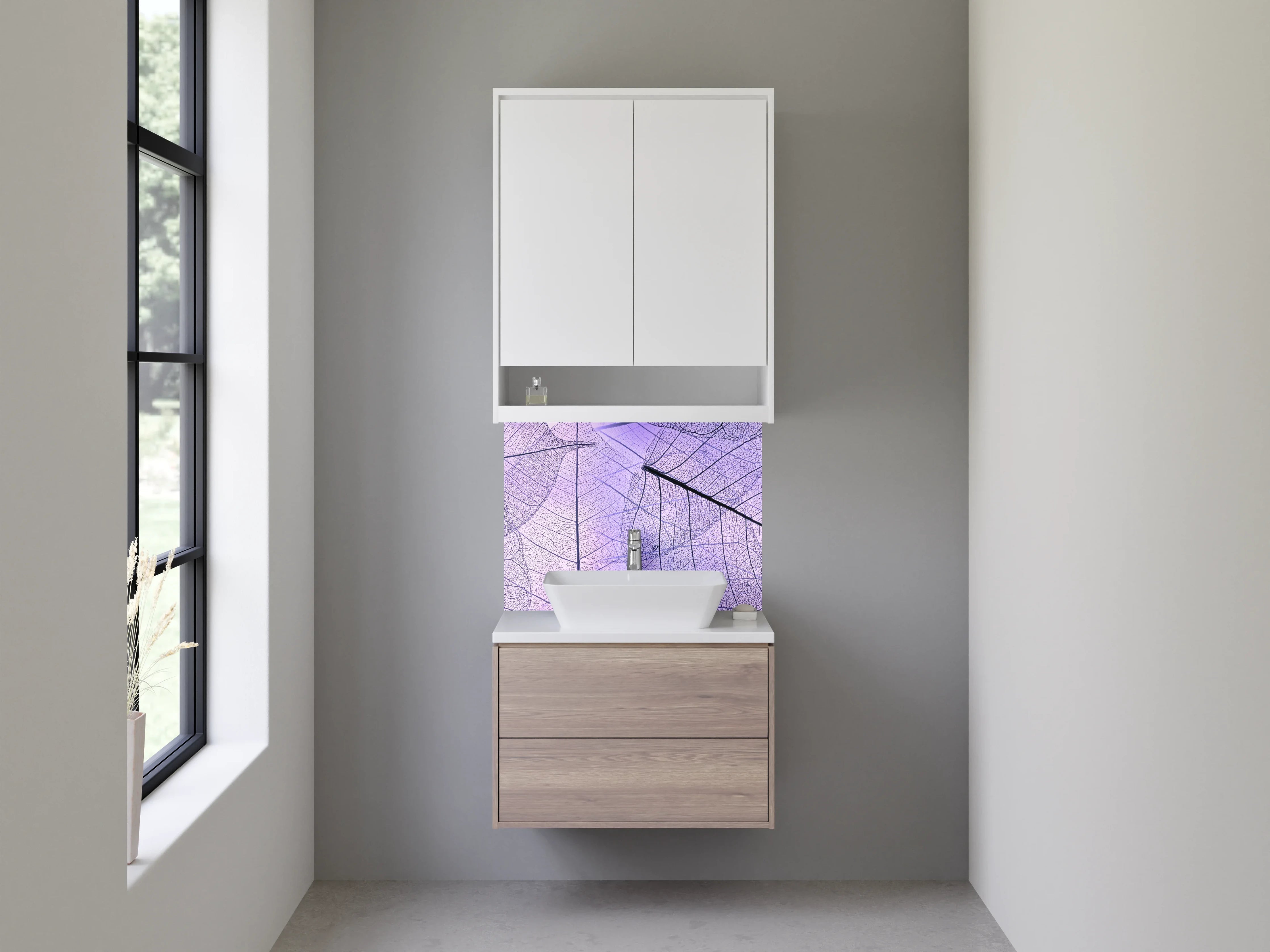 Waschbecken-Rückwand - Transparente Blätter in Lila Optik